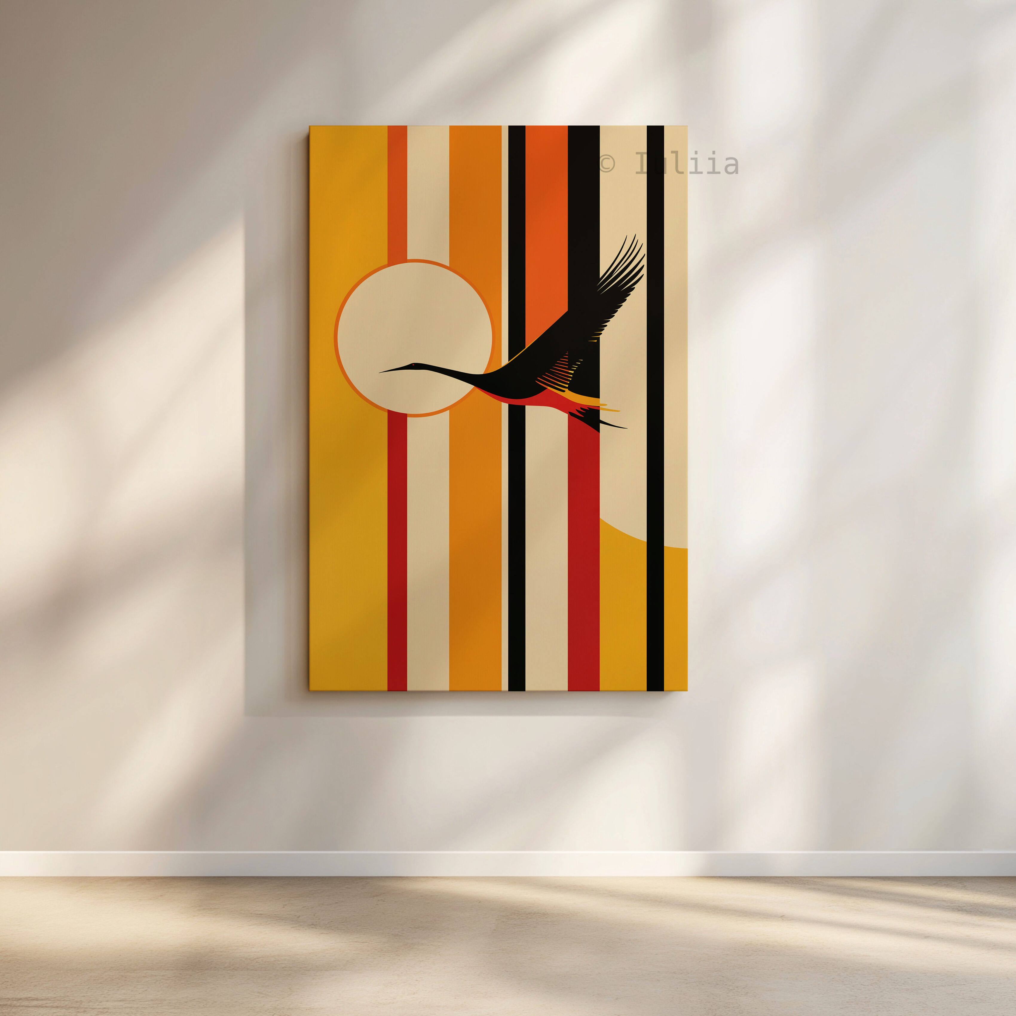 Freedom Flight Canvas, Flying Crane Silhouette Artwork, Retro Sunset Geometry Print, Modern Nature Decor, Statement Wall Accent