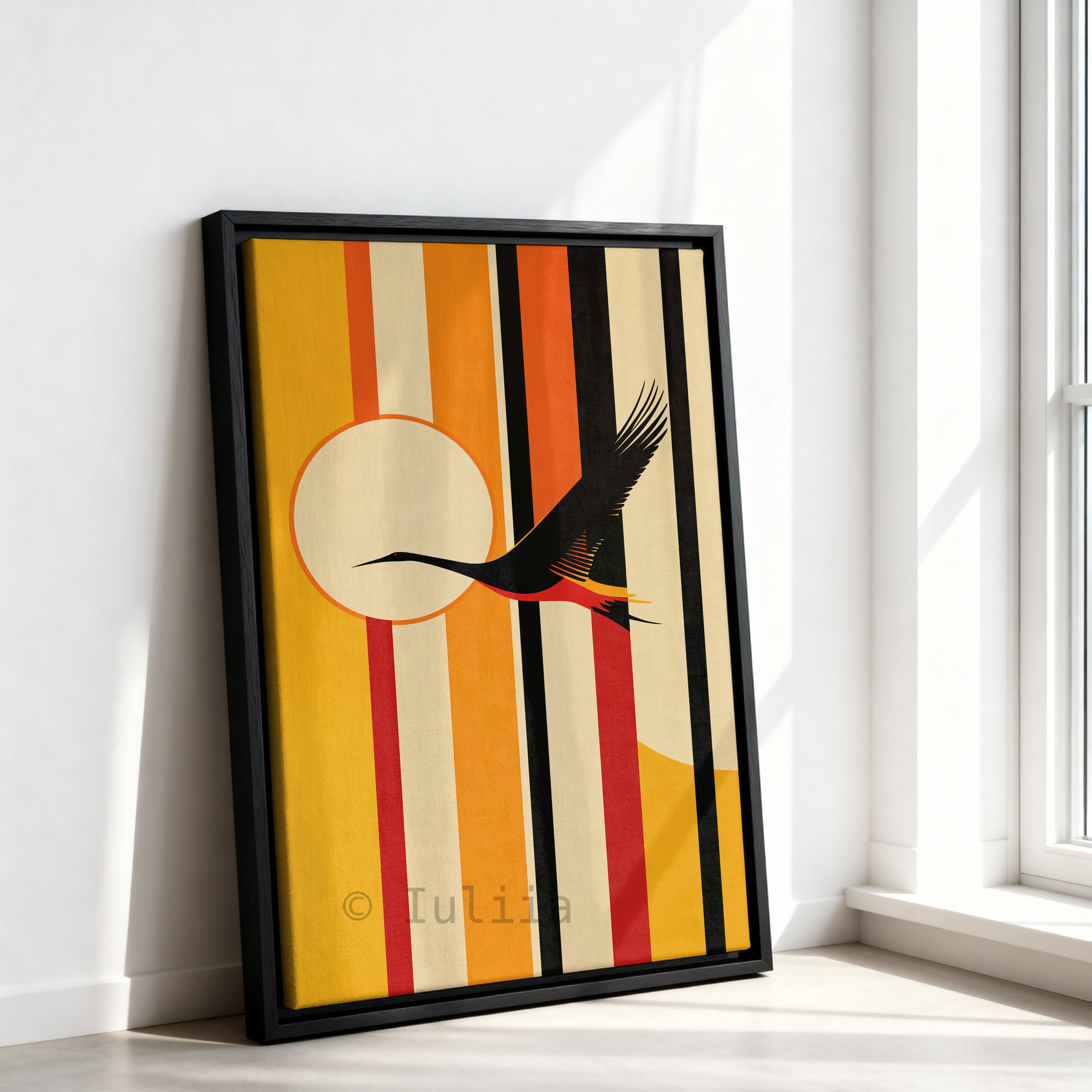 Freedom Flight Canvas, Flying Crane Silhouette Artwork, Retro Sunset Geometry Print, Modern Nature Decor, Statement Wall Accent - photo #7