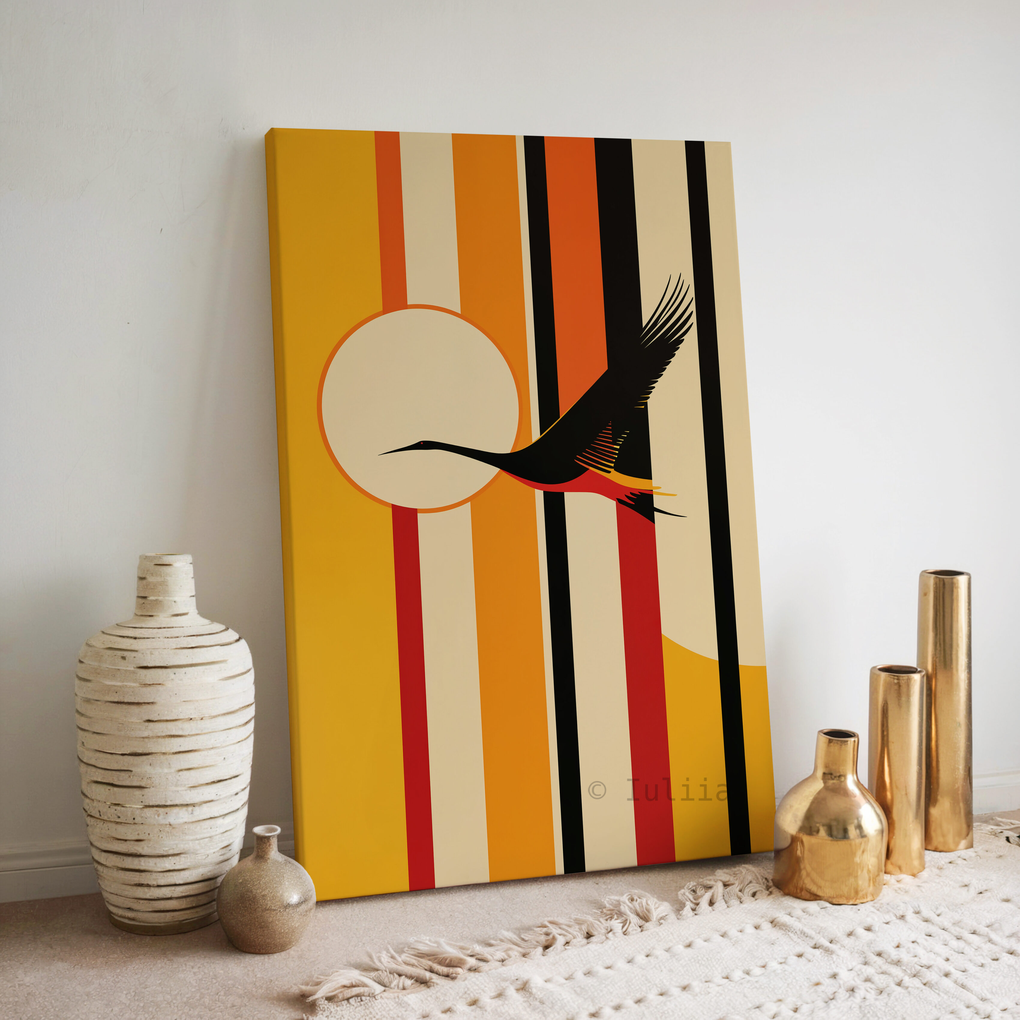 Freedom Flight Canvas, Flying Crane Silhouette Artwork, Retro Sunset Geometry Print, Modern Nature Decor, Statement Wall Accent - photo #2