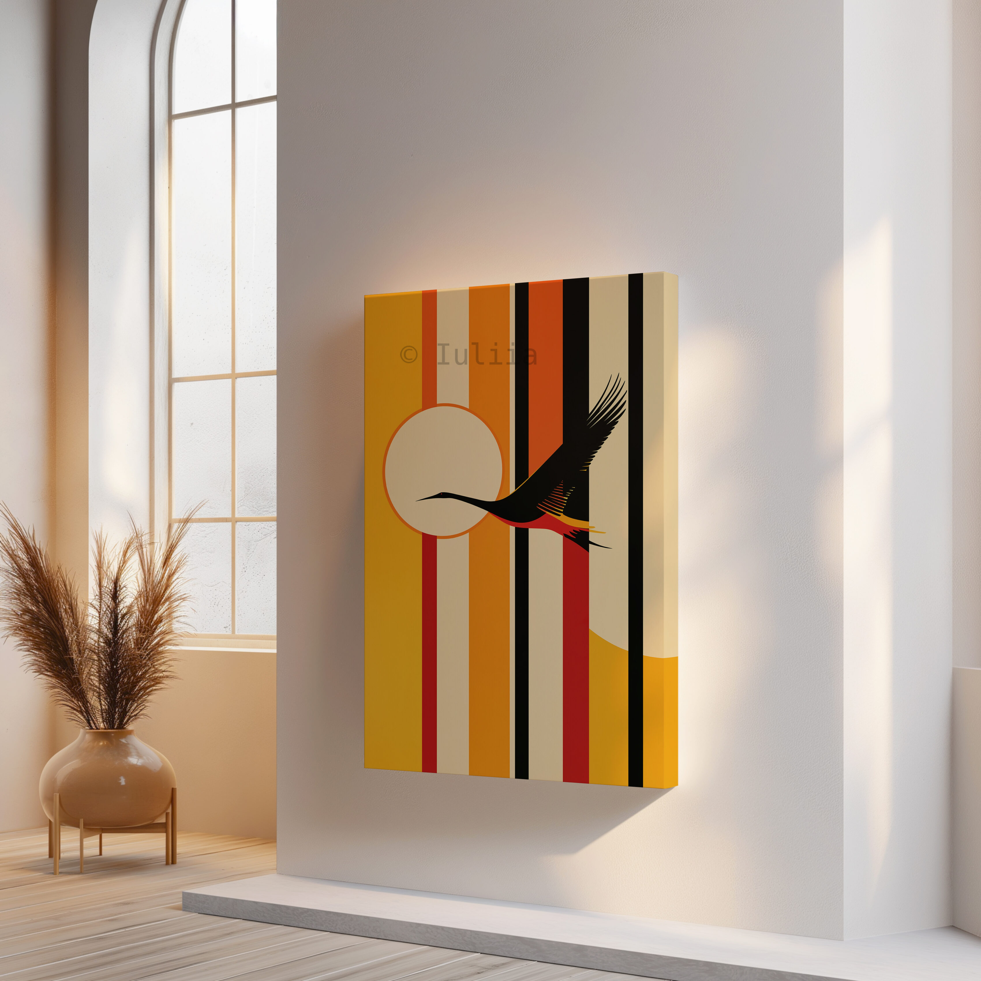 Freedom Flight Canvas, Flying Crane Silhouette Artwork, Retro Sunset Geometry Print, Modern Nature Decor, Statement Wall Accent - photo #12