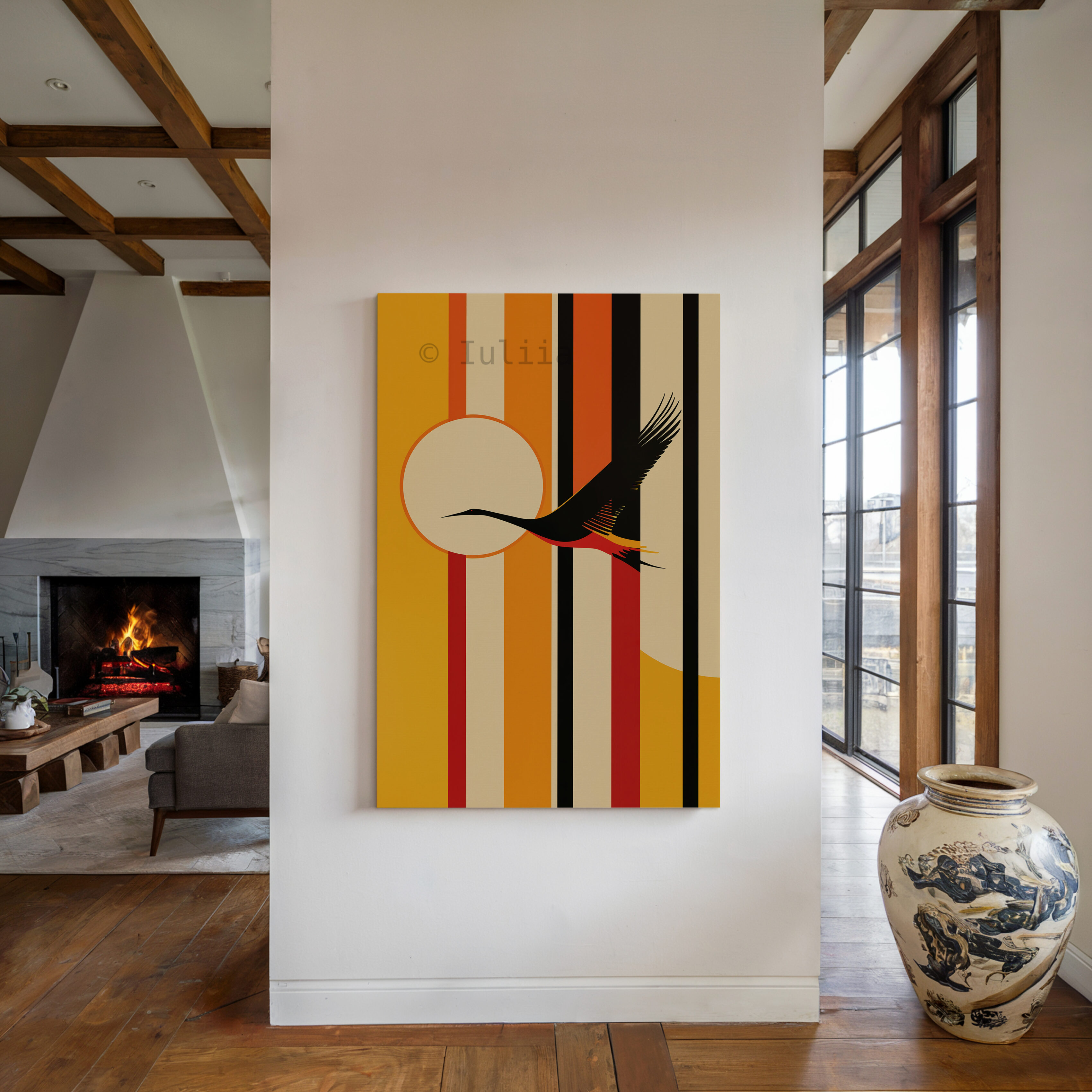Freedom Flight Canvas, Flying Crane Silhouette Artwork, Retro Sunset Geometry Print, Modern Nature Decor, Statement Wall Accent - photo #3