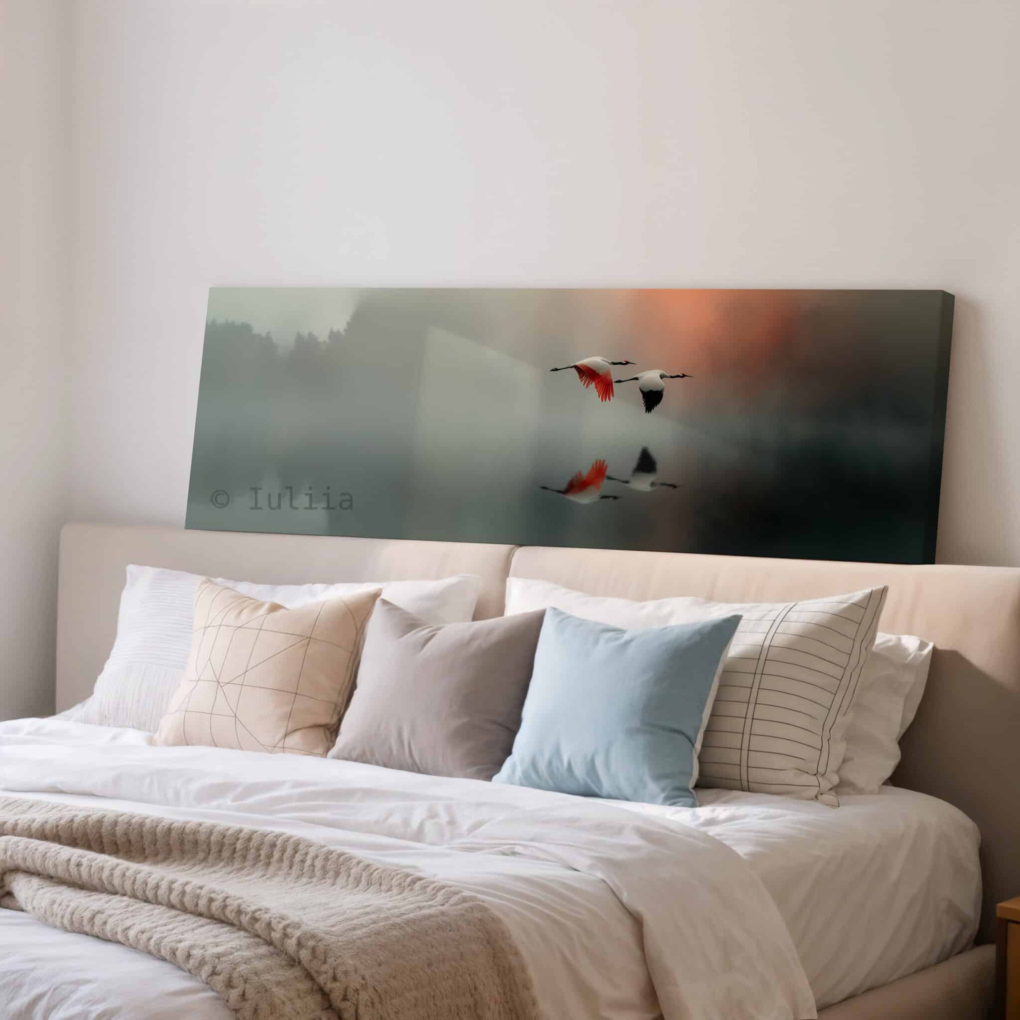 Long Canvas Peaceful Wall Art, Wide Misty Lake Scene with Flying Cranes, Soft Nature Reflection, Bedroom Retreat Decor