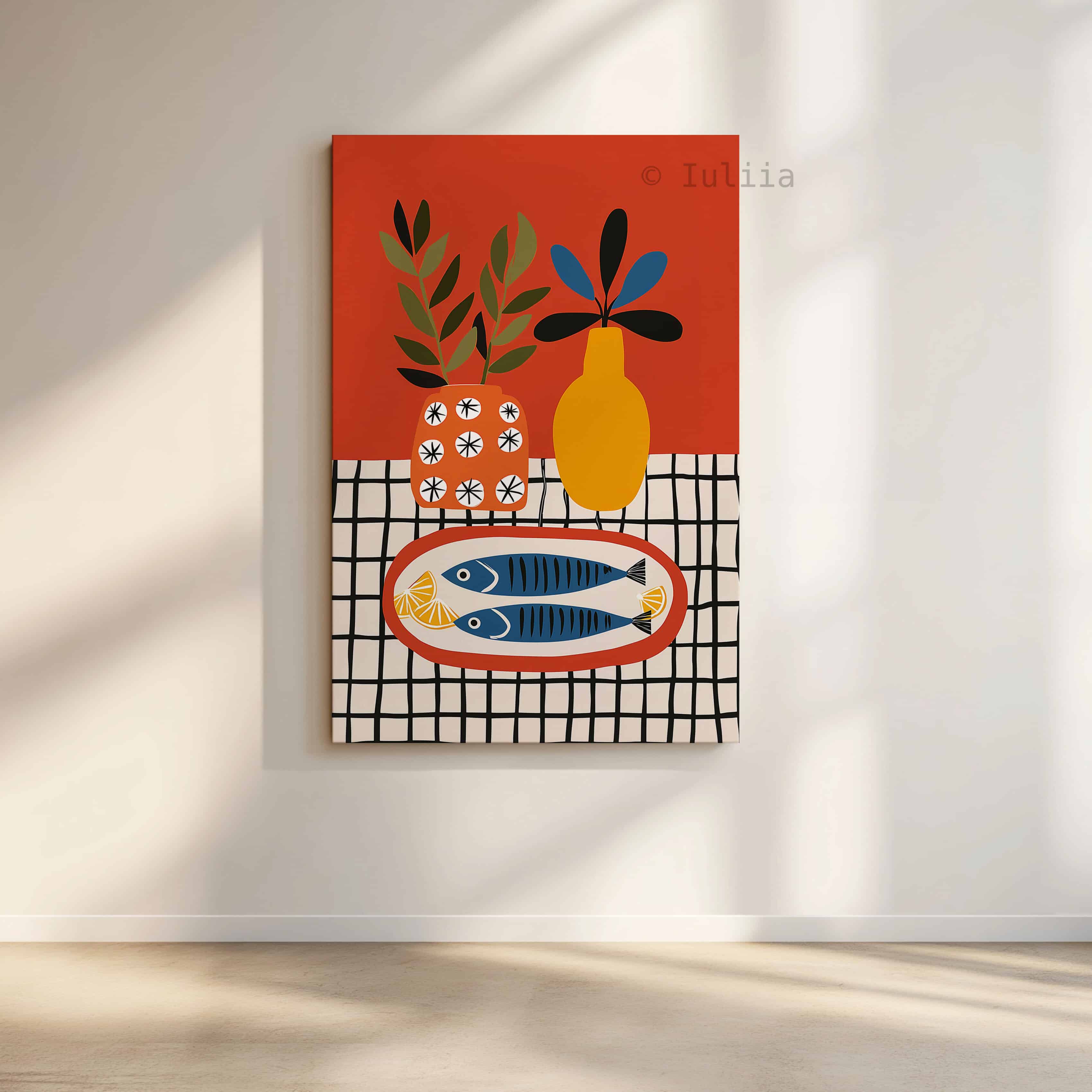 Coastal Kitchen Art Canvas, Sardine Still Life Print, Lemon Table Scene, Modern Mediterranean Artwork, Colorful Wall Decor - photo #2