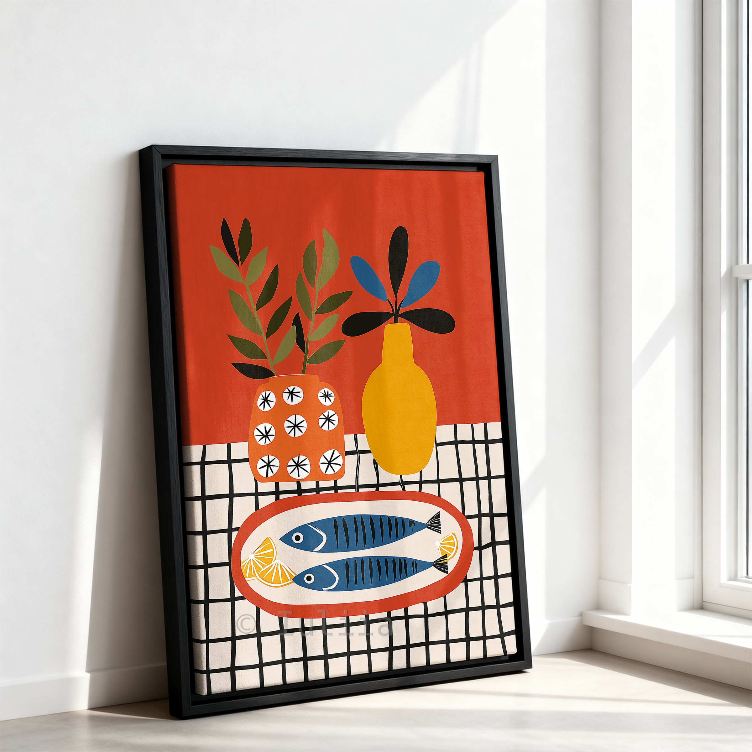 Coastal Kitchen Art Canvas, Sardine Still Life Print, Lemon Table Scene, Modern Mediterranean Artwork, Colorful Wall Decor - photo #7