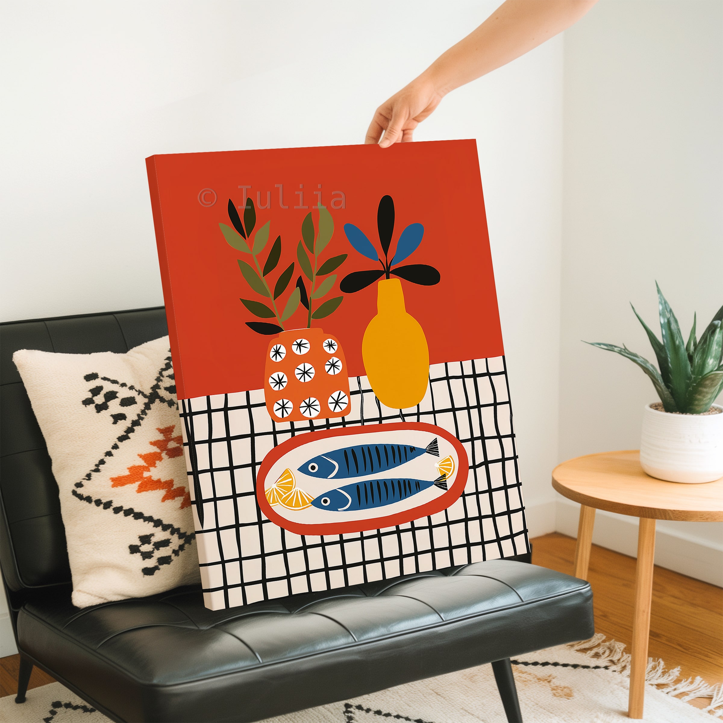 Coastal Kitchen Art Canvas, Sardine Still Life Print, Lemon Table Scene, Modern Mediterranean Artwork, Colorful Wall Decor - photo #3