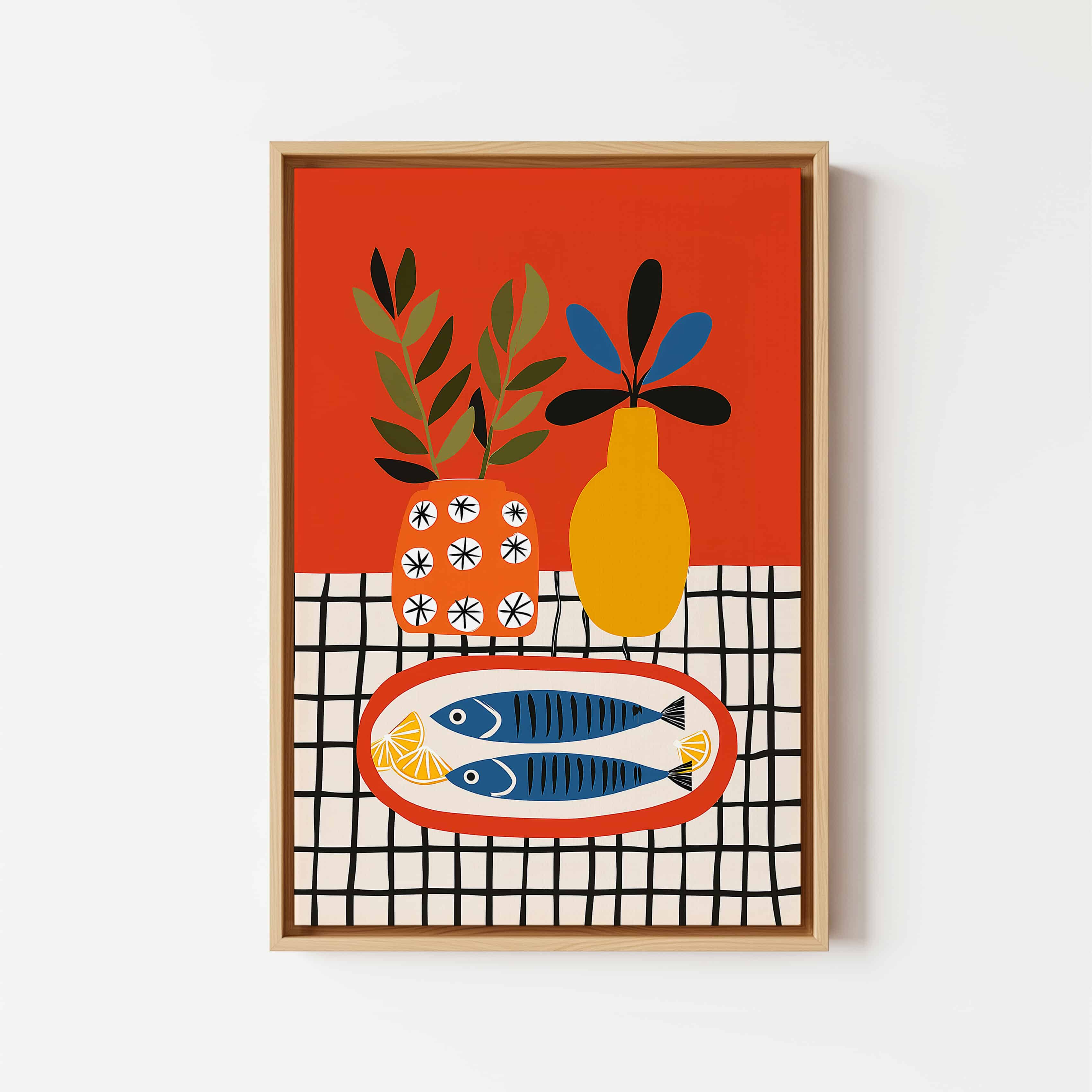 Coastal Kitchen Art Canvas, Sardine Still Life Print, Lemon Table Scene, Modern Mediterranean Artwork, Colorful Wall Decor