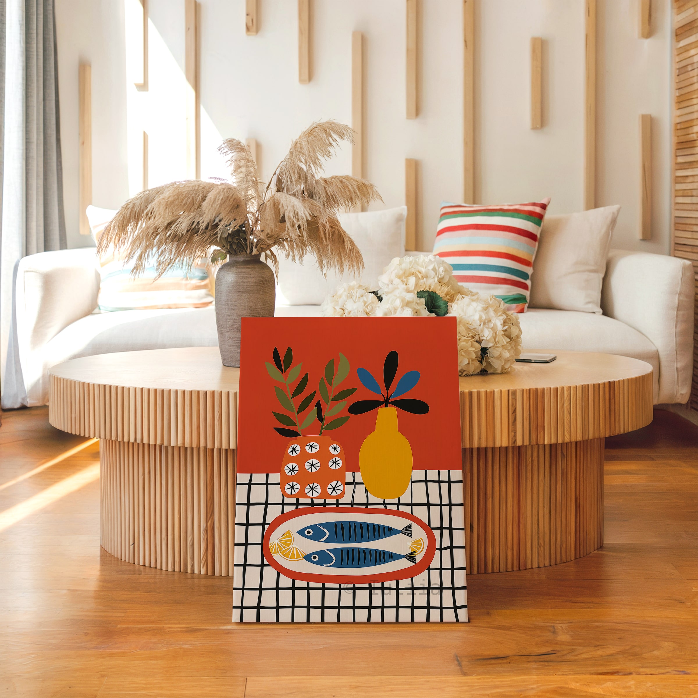 Coastal Kitchen Art Canvas, Sardine Still Life Print, Lemon Table Scene, Modern Mediterranean Artwork, Colorful Wall Decor - photo #4