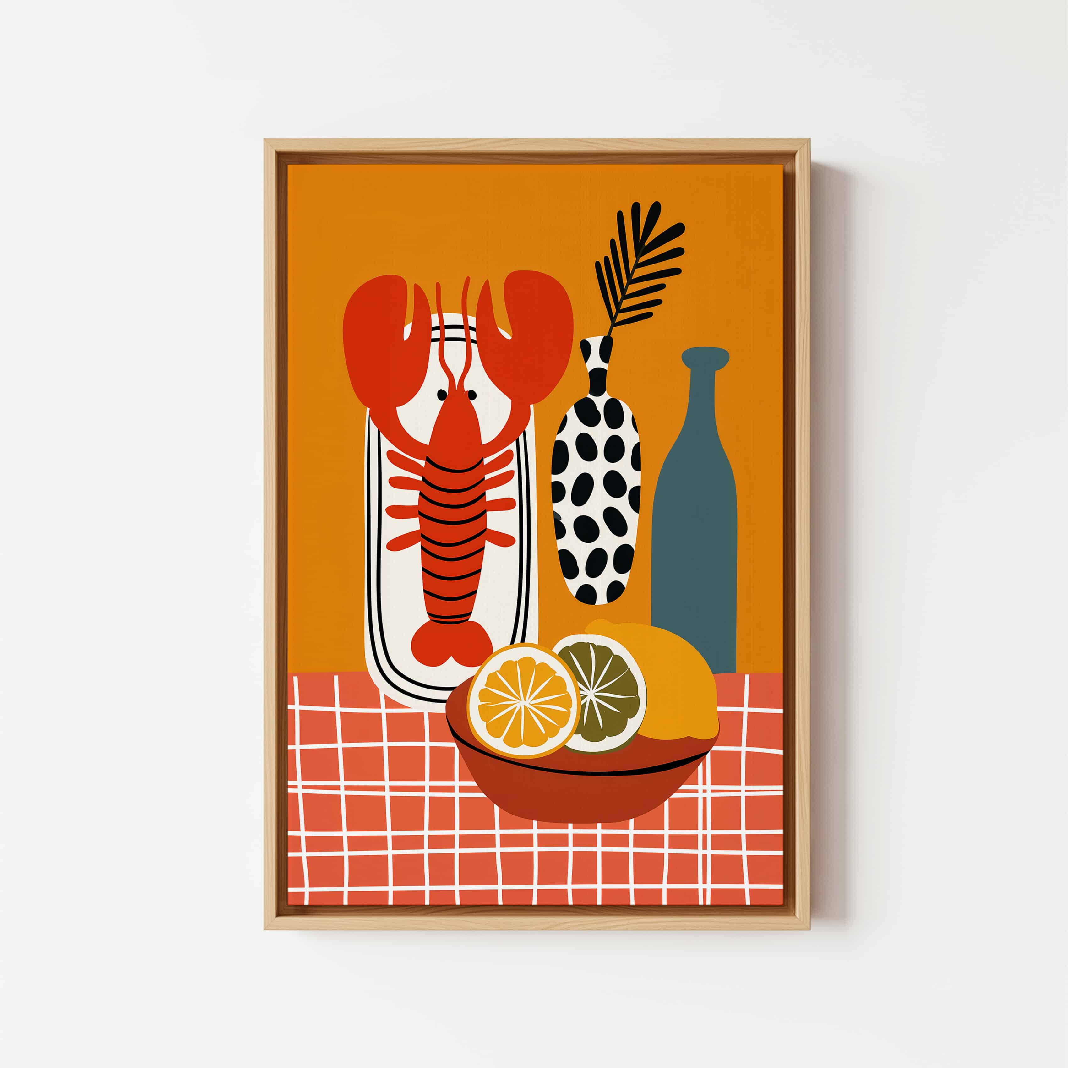 Restaurant Inspired Decor Canvas, Lobster Still Life Print, Citrus Illustration, Modern Kitchen Art, European Bistro Style Artwork