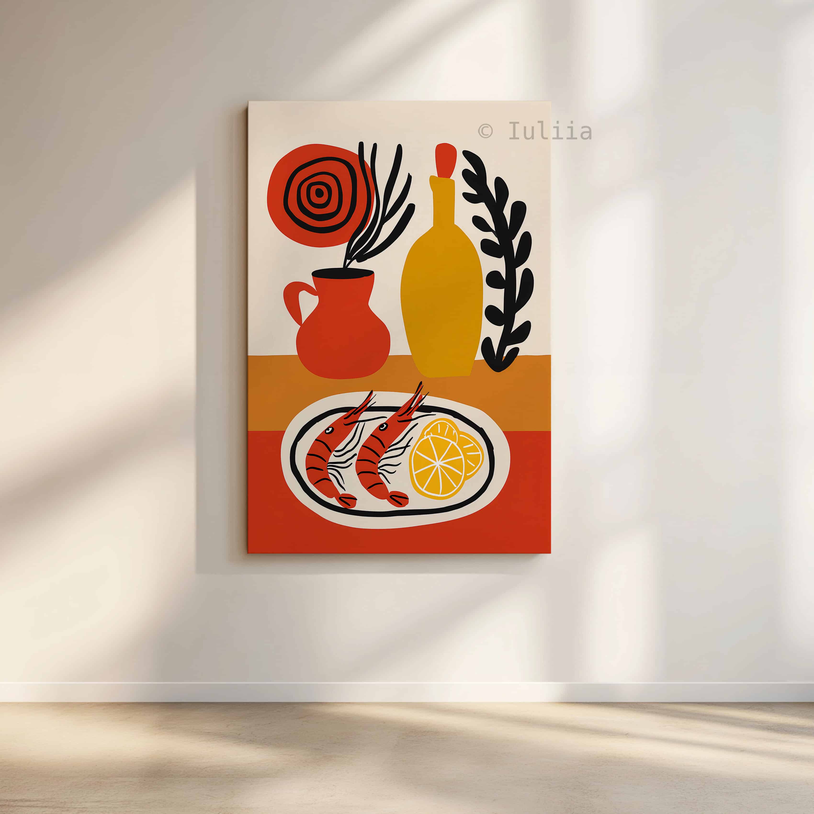 European Food Canvas, Shrimp Still Life Print, Citrus Kitchen Decor, Modern Bistro Illustration, Colorful Wall Art - photo #2