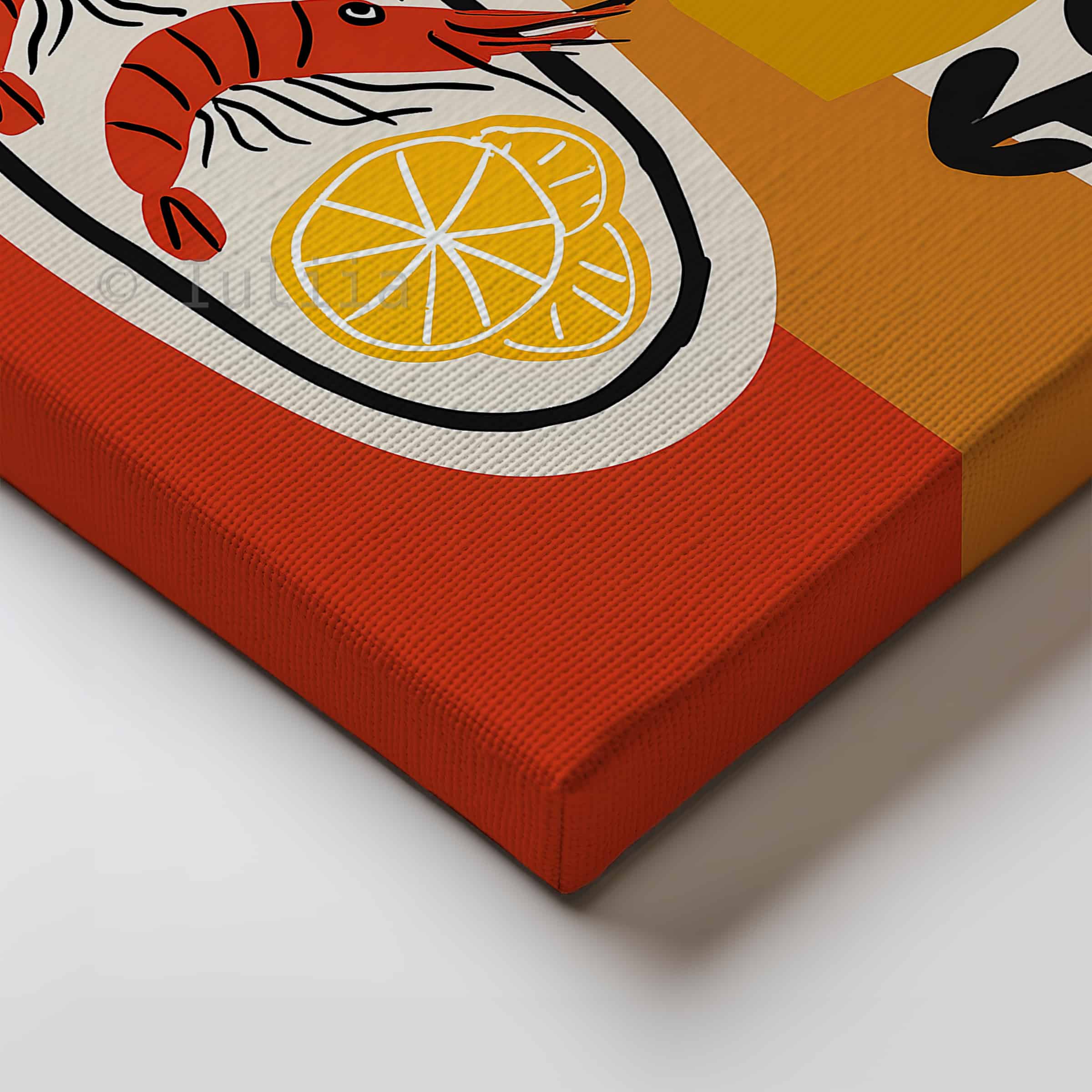 European Food Canvas, Shrimp Still Life Print, Citrus Kitchen Decor, Modern Bistro Illustration, Colorful Wall Art - photo #1