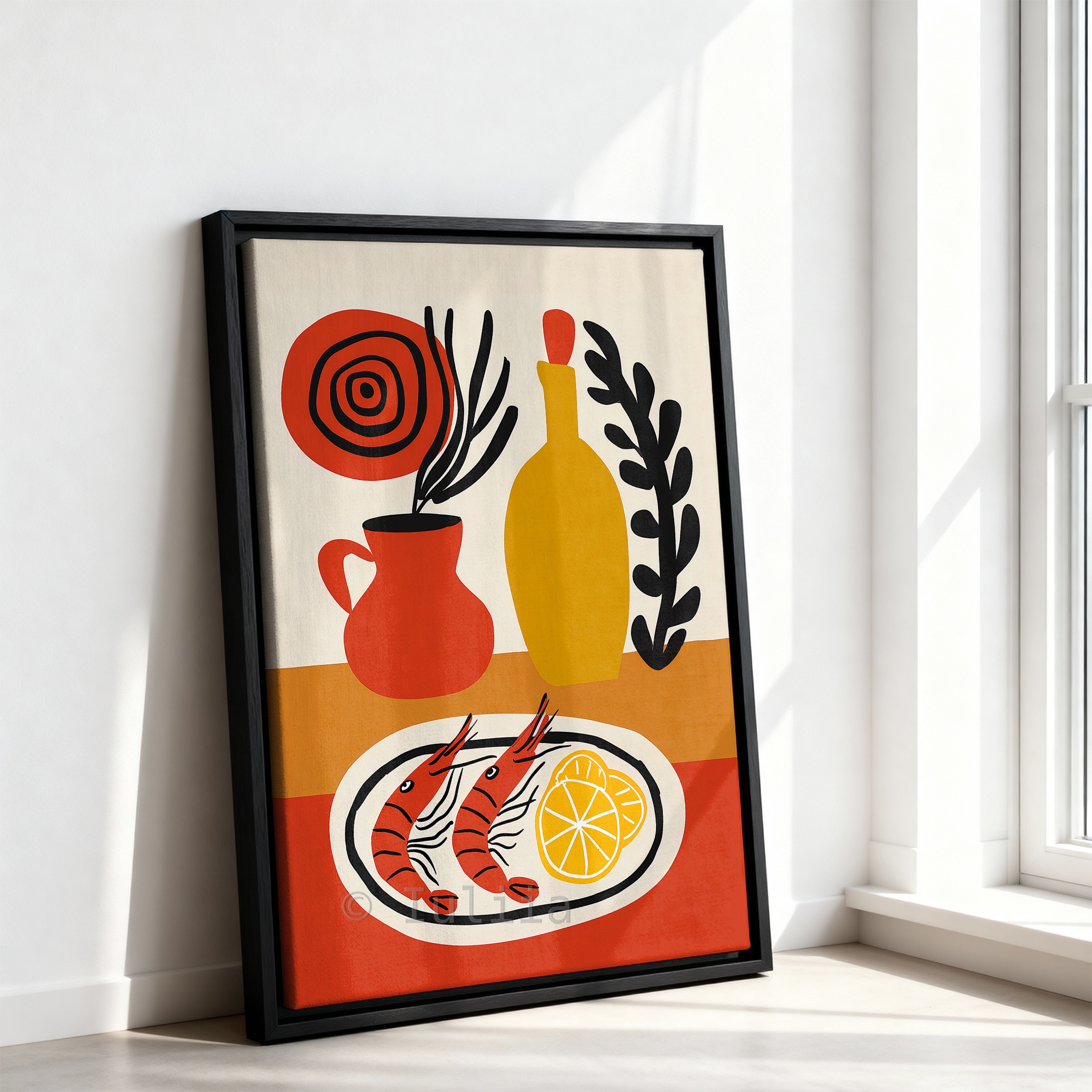 European Food Canvas, Shrimp Still Life Print, Citrus Kitchen Decor, Modern Bistro Illustration, Colorful Wall Art - photo #7