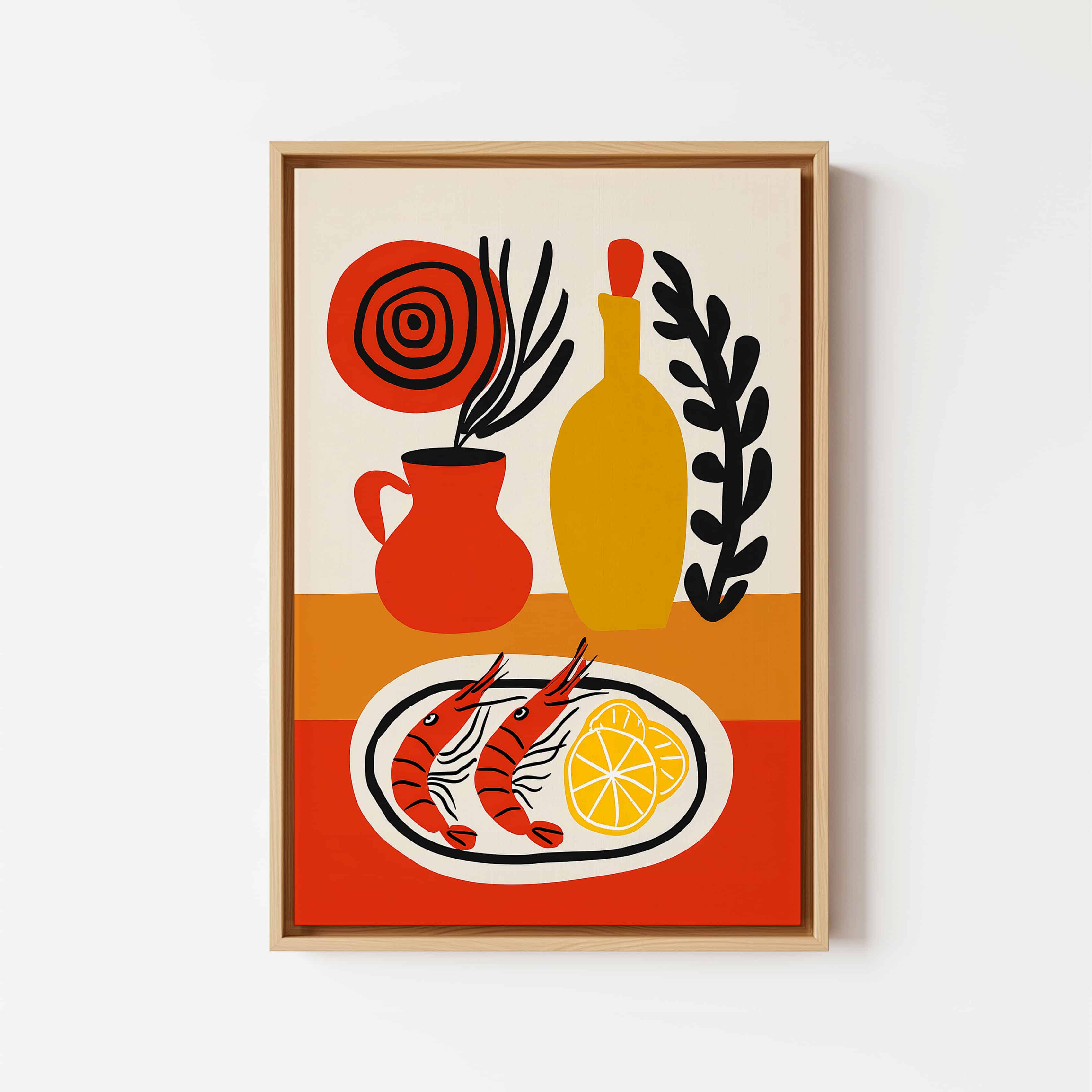 European Food Canvas, Shrimp Still Life Print, Citrus Kitchen Decor, Modern Bistro Illustration, Colorful Wall Art