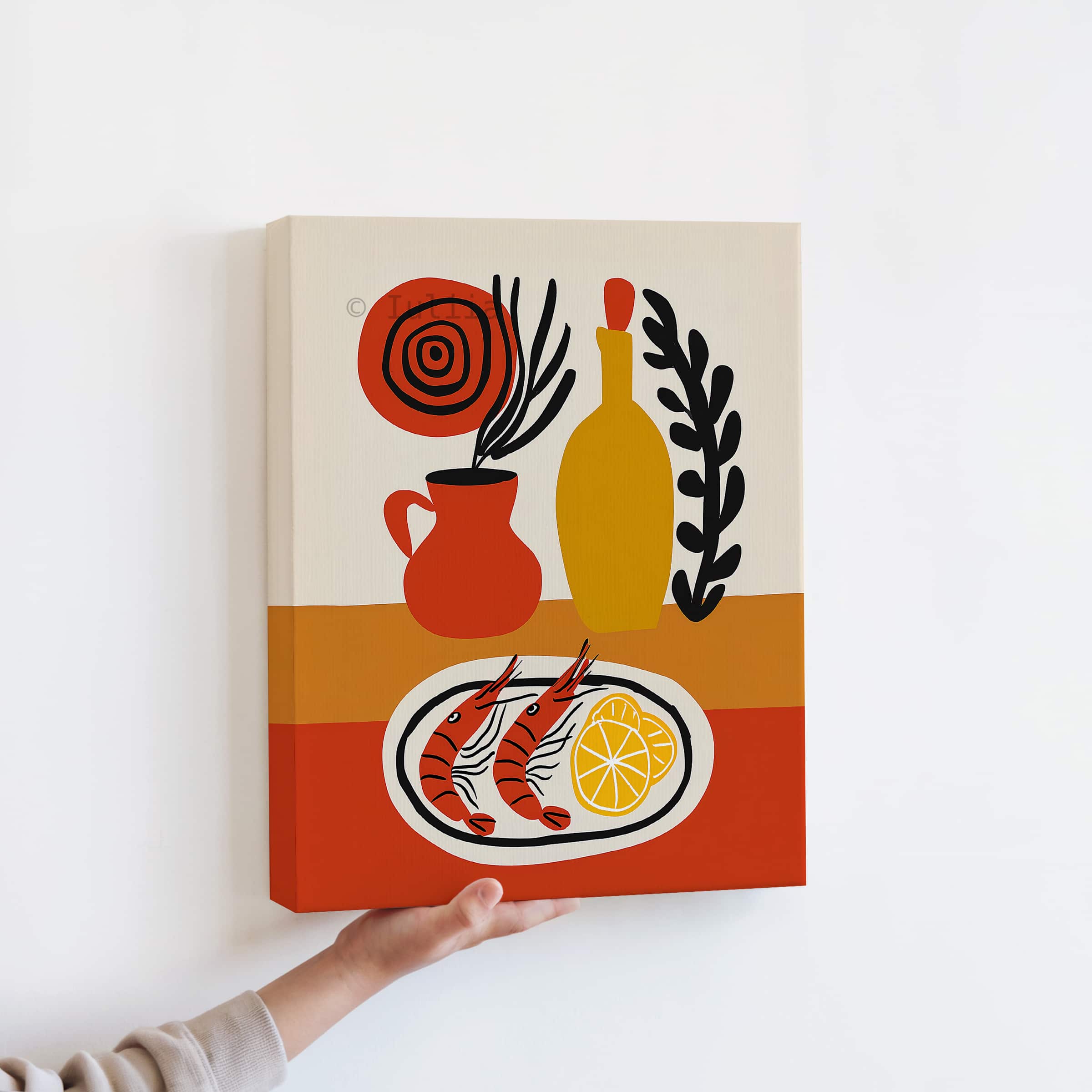 European Food Canvas, Shrimp Still Life Print, Citrus Kitchen Decor, Modern Bistro Illustration, Colorful Wall Art - photo #10