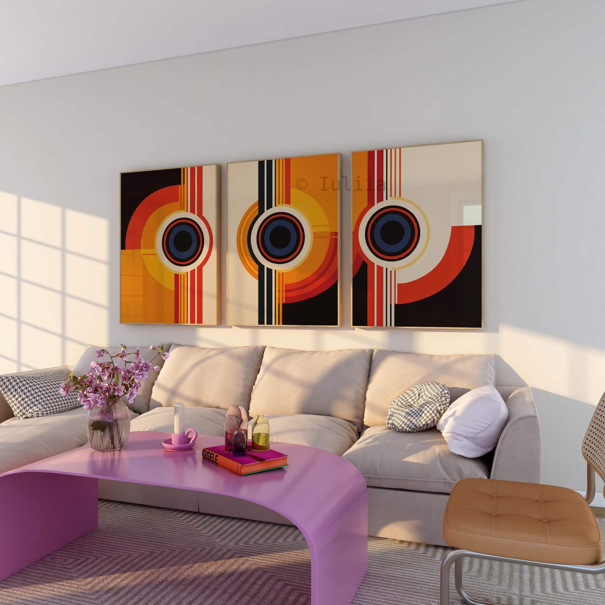 Triptych Prints Orbital Geometry Prints, Retro Circle Wall Art, Bauhaus Inspired Design, Mid Century Modern Decor, Living Room Set - photo #9