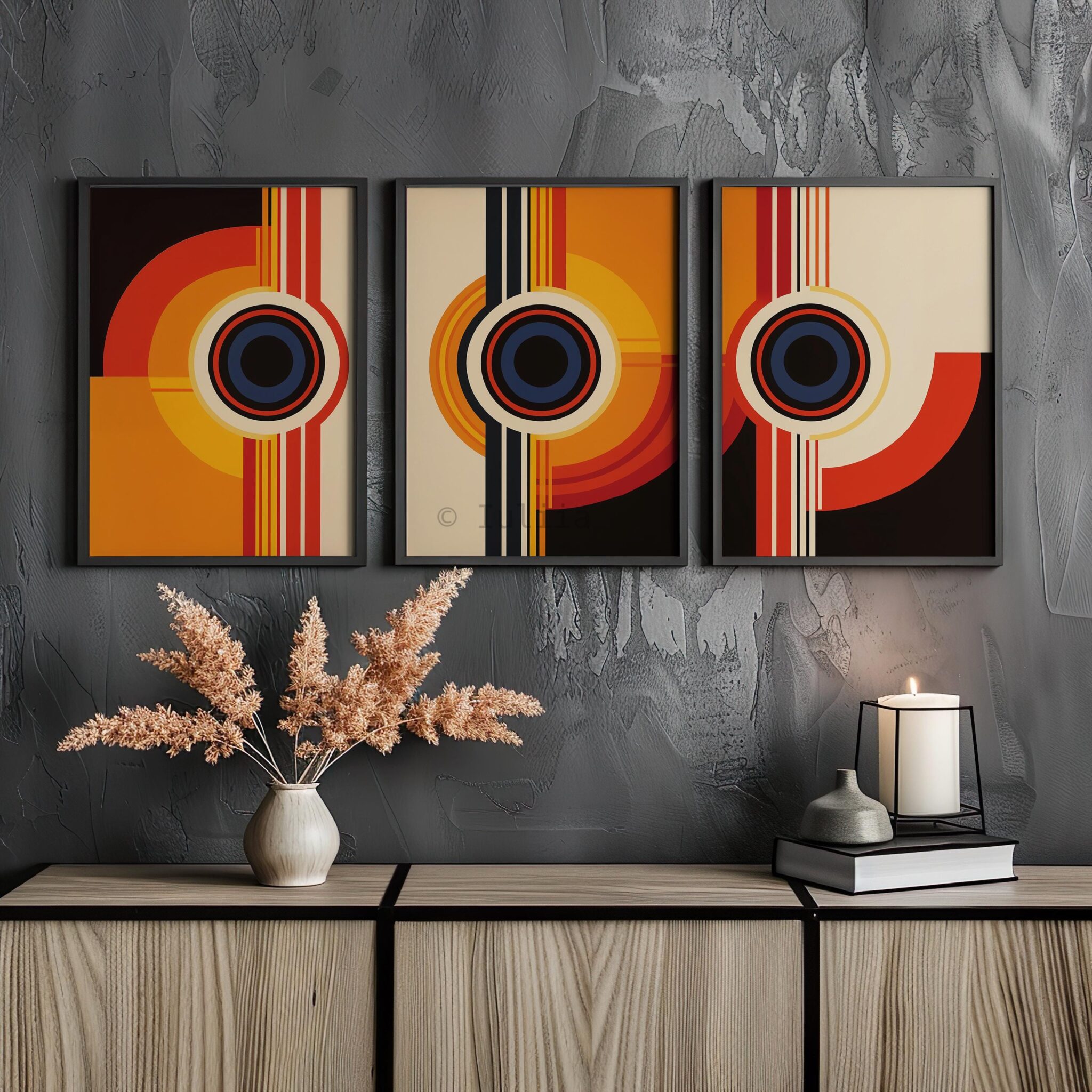 Triptych Prints Orbital Geometry Prints, Retro Circle Wall Art, Bauhaus Inspired Design, Mid Century Modern Decor, Living Room Set - photo #12