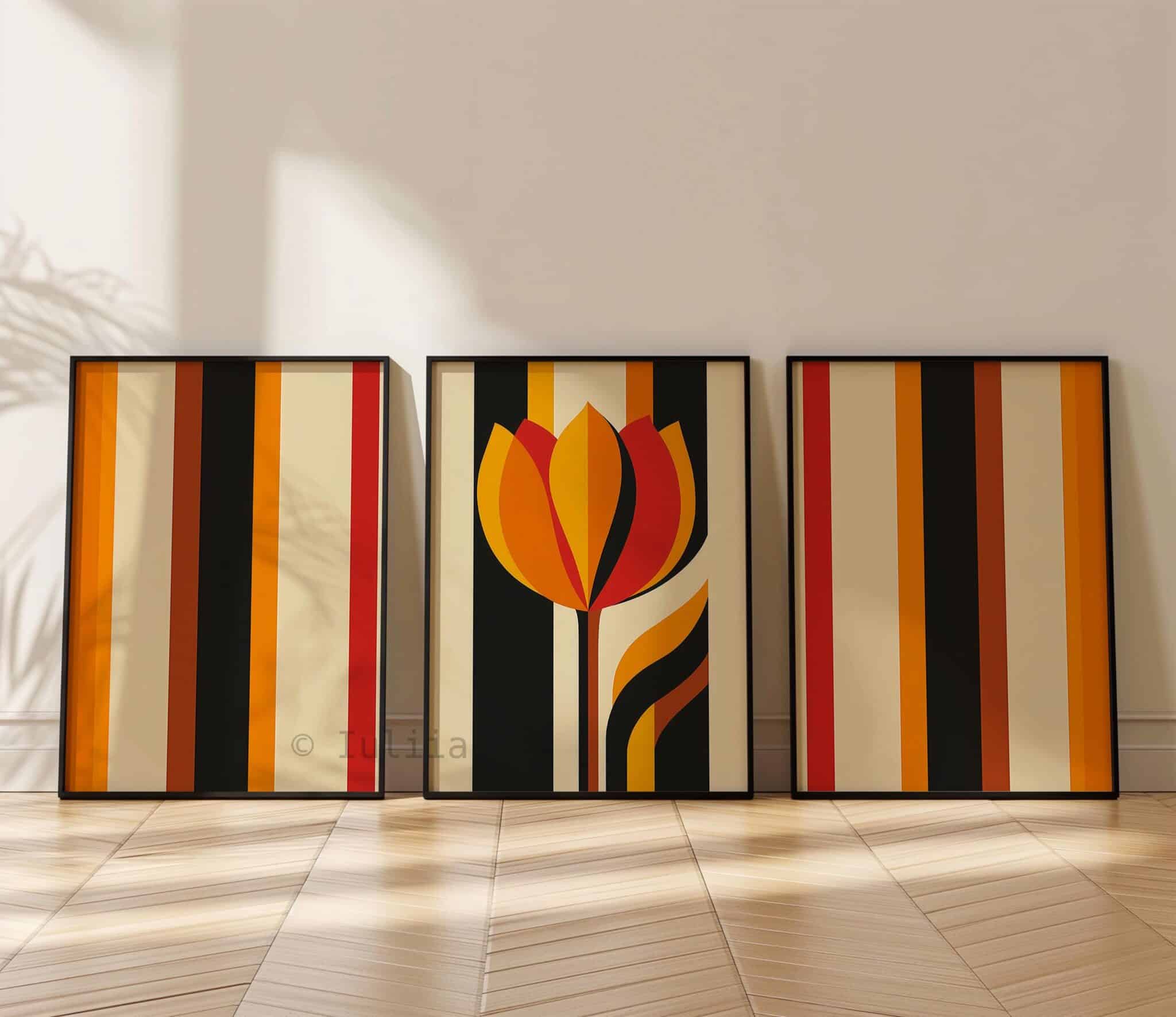 Triptych Prints Interior Stylist Wall Art, Modern Tulip Artwork, Retro Stripe Composition, Curated Bedroom Decor - photo #6