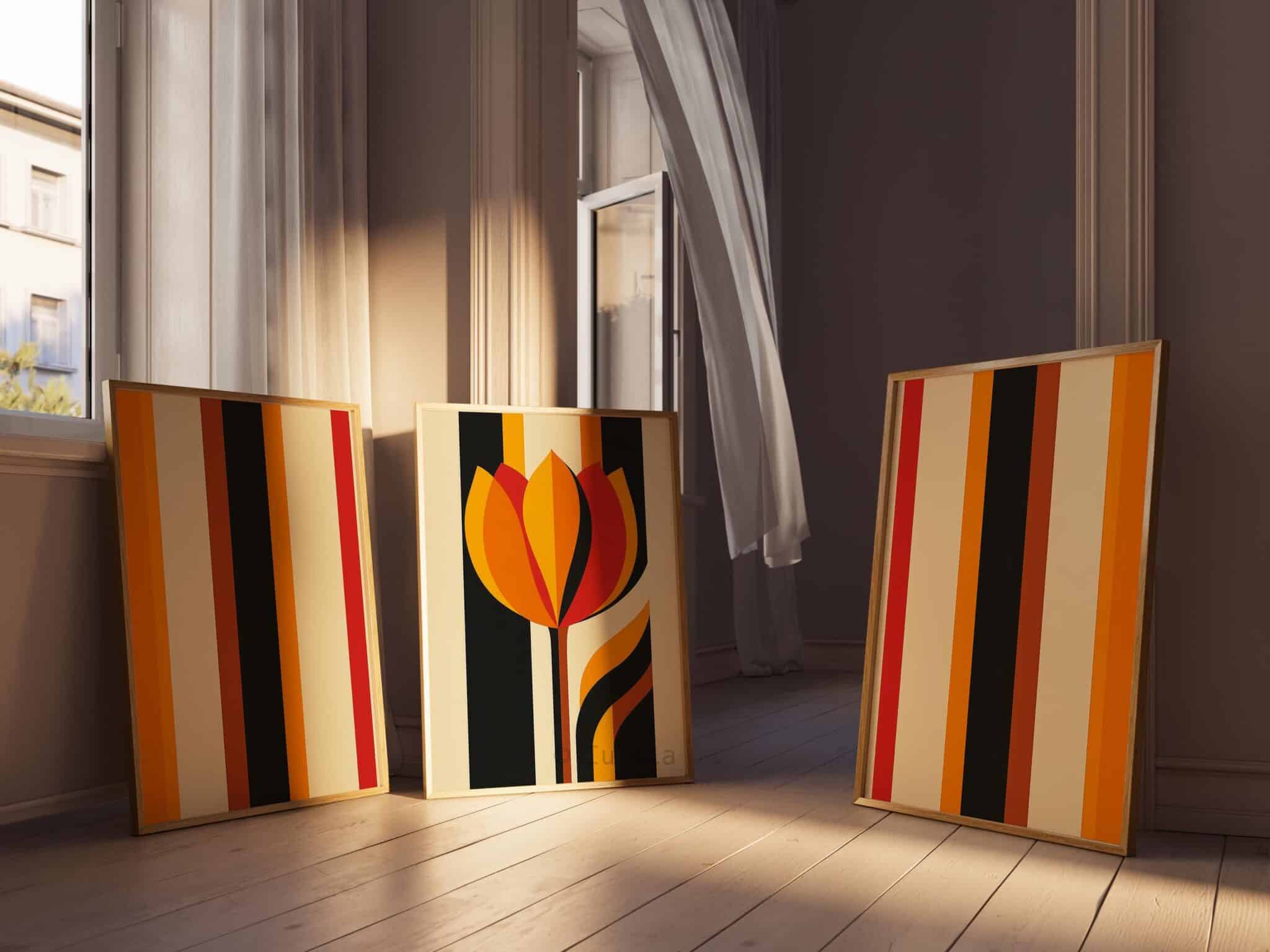 Triptych Prints Interior Stylist Wall Art, Modern Tulip Artwork, Retro Stripe Composition, Curated Bedroom Decor - photo #10