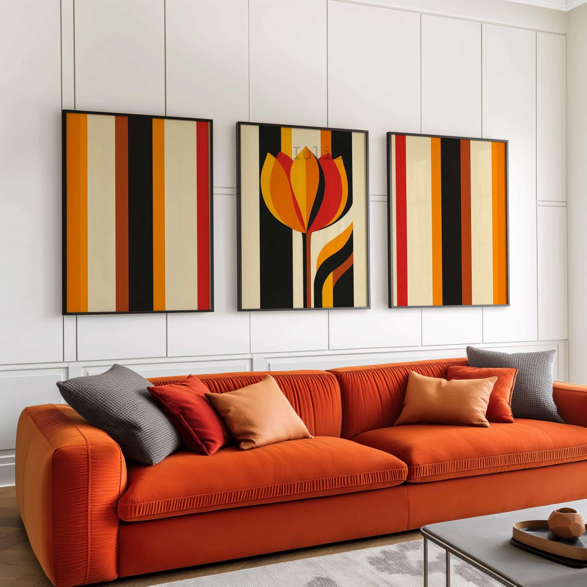 Triptych Prints Interior Stylist Wall Art, Modern Tulip Artwork, Retro Stripe Composition, Curated Bedroom Decor - photo #2