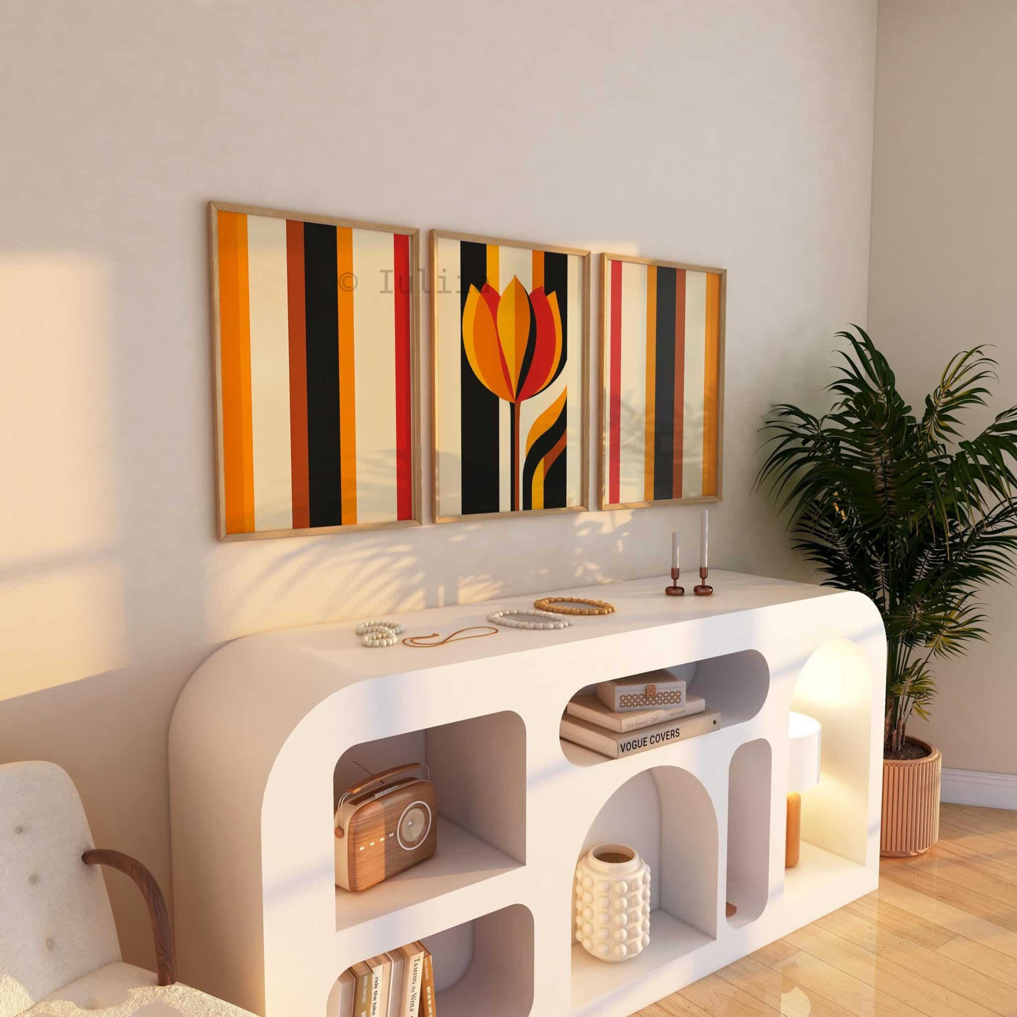 Triptych Prints Interior Stylist Wall Art, Modern Tulip Artwork, Retro Stripe Composition, Curated Bedroom Decor - photo #11