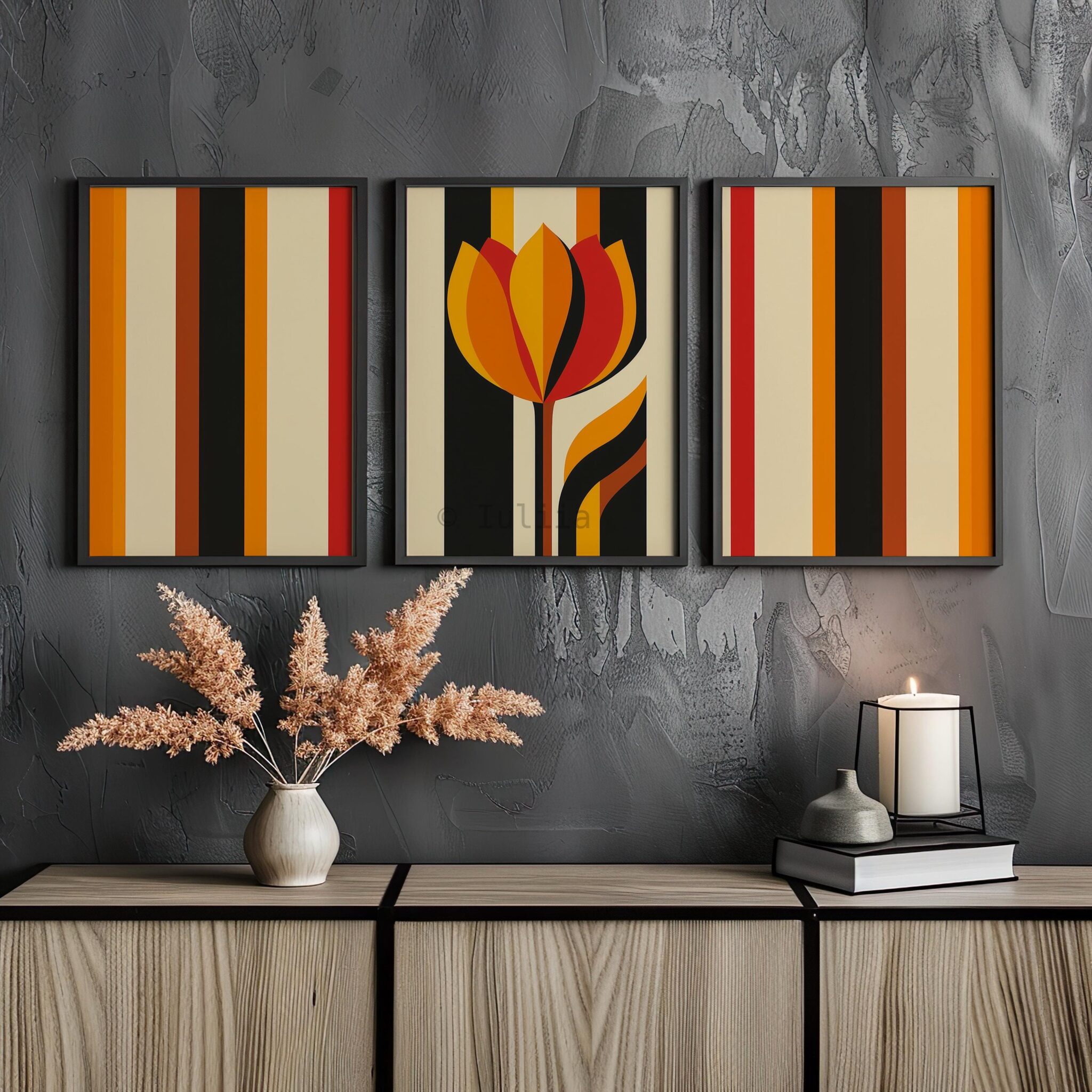 Triptych Prints Interior Stylist Wall Art, Modern Tulip Artwork, Retro Stripe Composition, Curated Bedroom Decor - photo #12