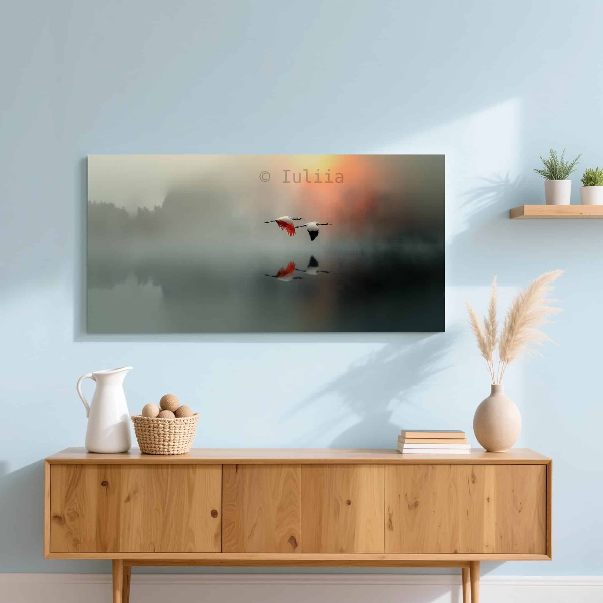 Long Canvas Peaceful Wall Art, Wide Misty Lake Scene with Flying Cranes, Soft Nature Reflection, Bedroom Retreat Decor - photo #8