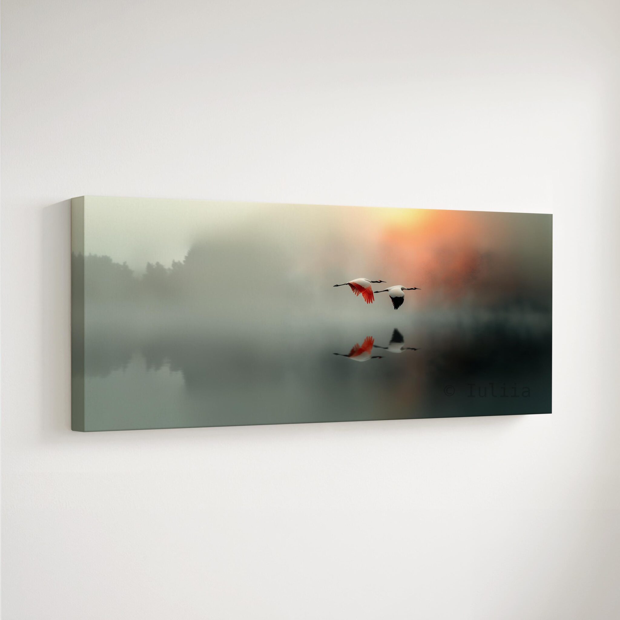 Long Canvas Peaceful Wall Art, Wide Misty Lake Scene with Flying Cranes, Soft Nature Reflection, Bedroom Retreat Decor - photo #1