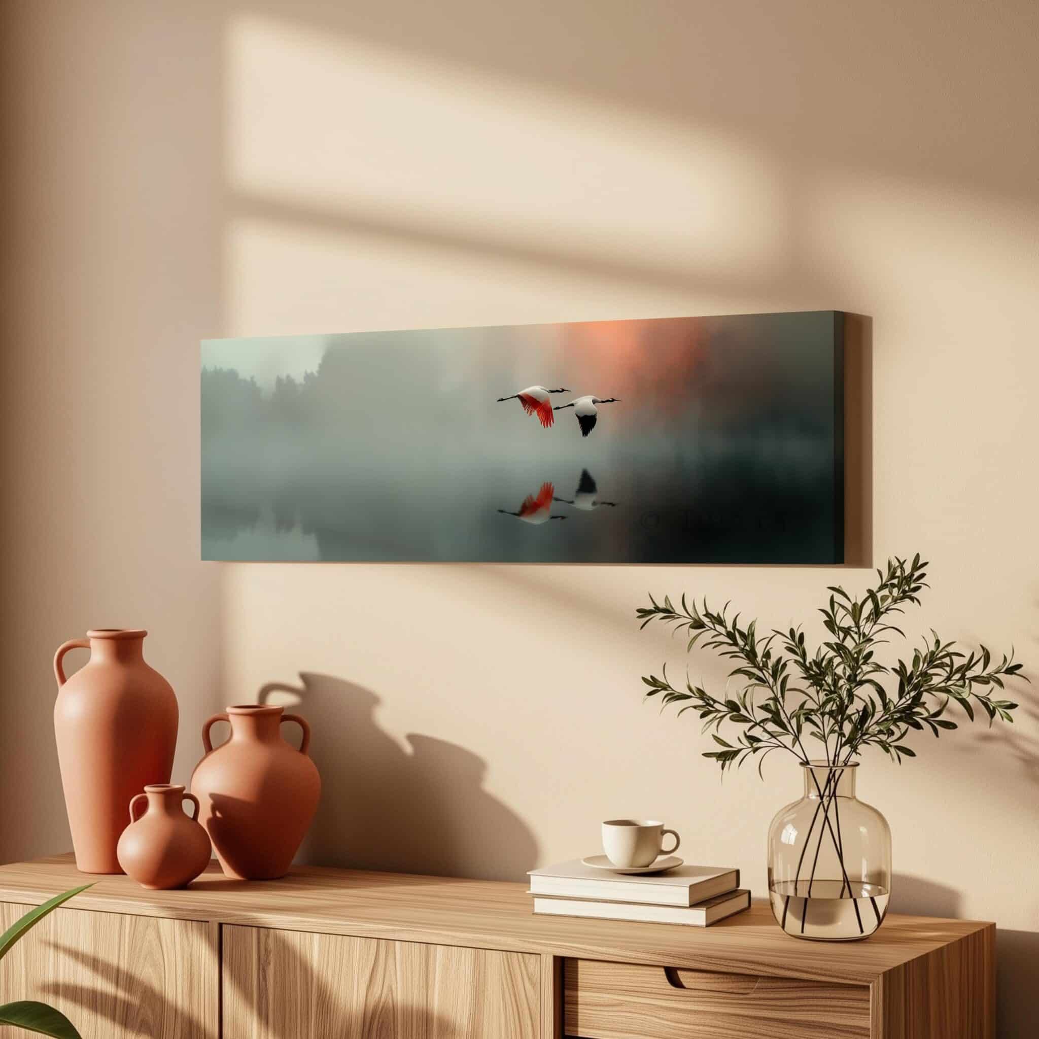 Long Canvas Peaceful Wall Art, Wide Misty Lake Scene with Flying Cranes, Soft Nature Reflection, Bedroom Retreat Decor - photo #10