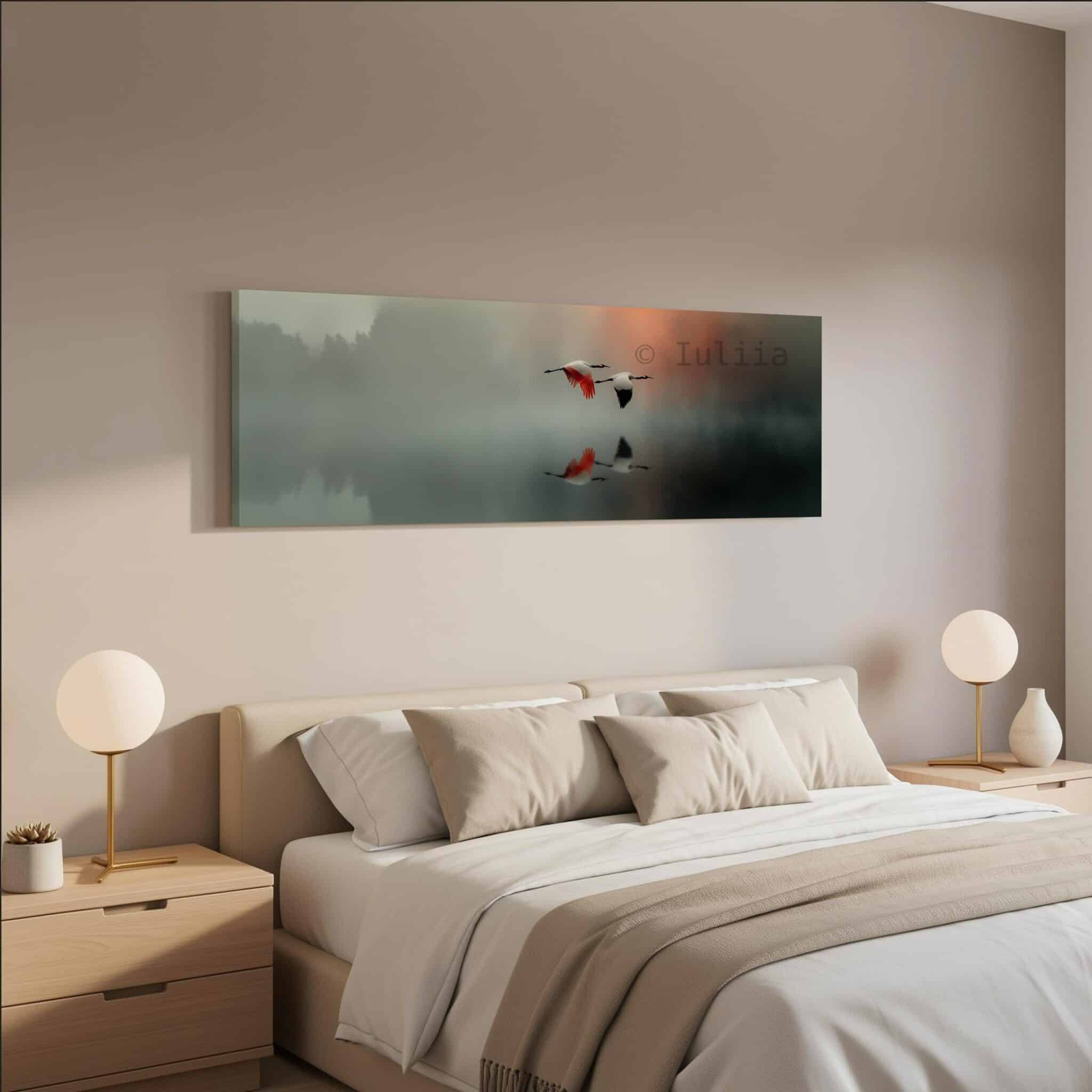 Long Canvas Peaceful Wall Art, Wide Misty Lake Scene with Flying Cranes, Soft Nature Reflection, Bedroom Retreat Decor - photo #9