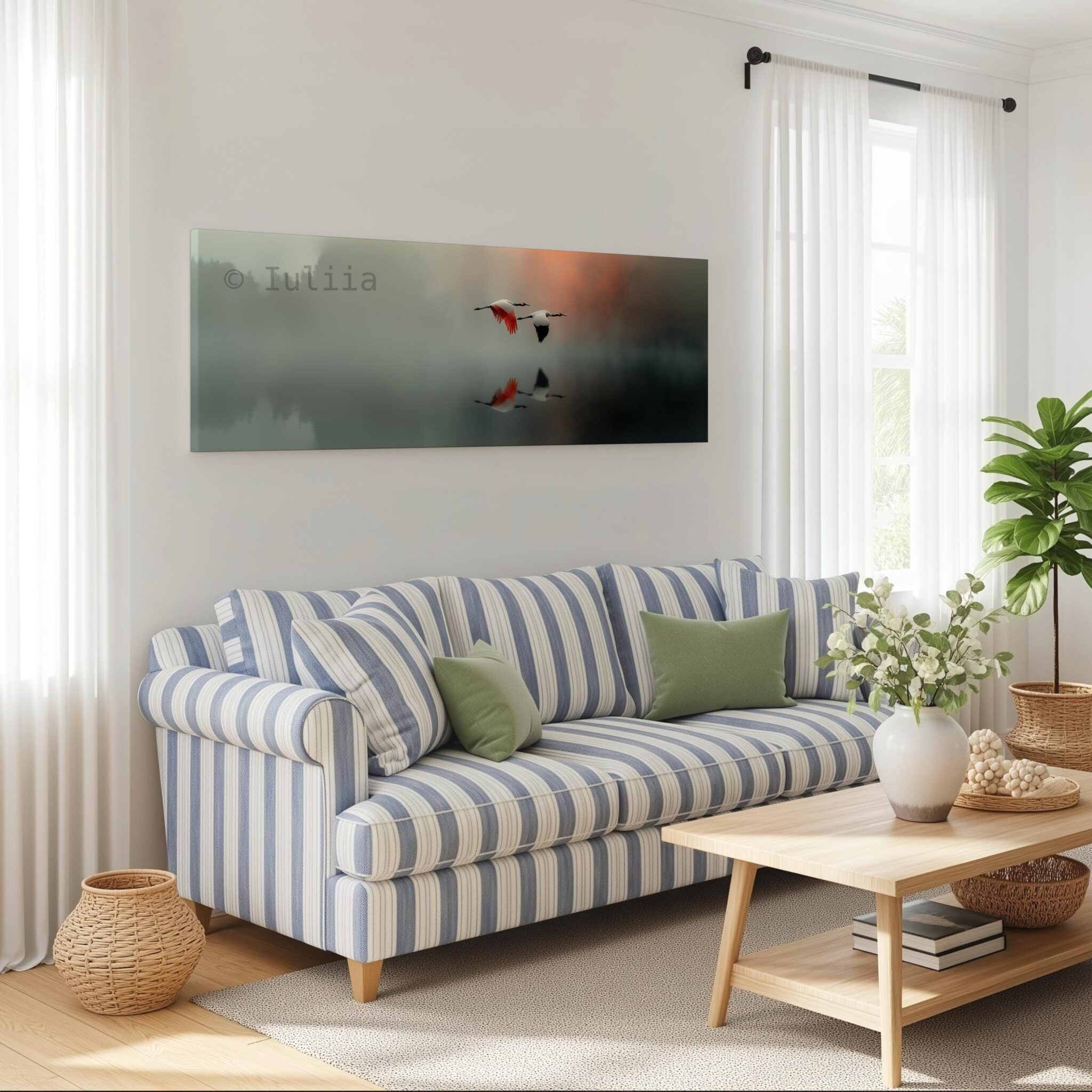 Long Canvas Peaceful Wall Art, Wide Misty Lake Scene with Flying Cranes, Soft Nature Reflection, Bedroom Retreat Decor - photo #2