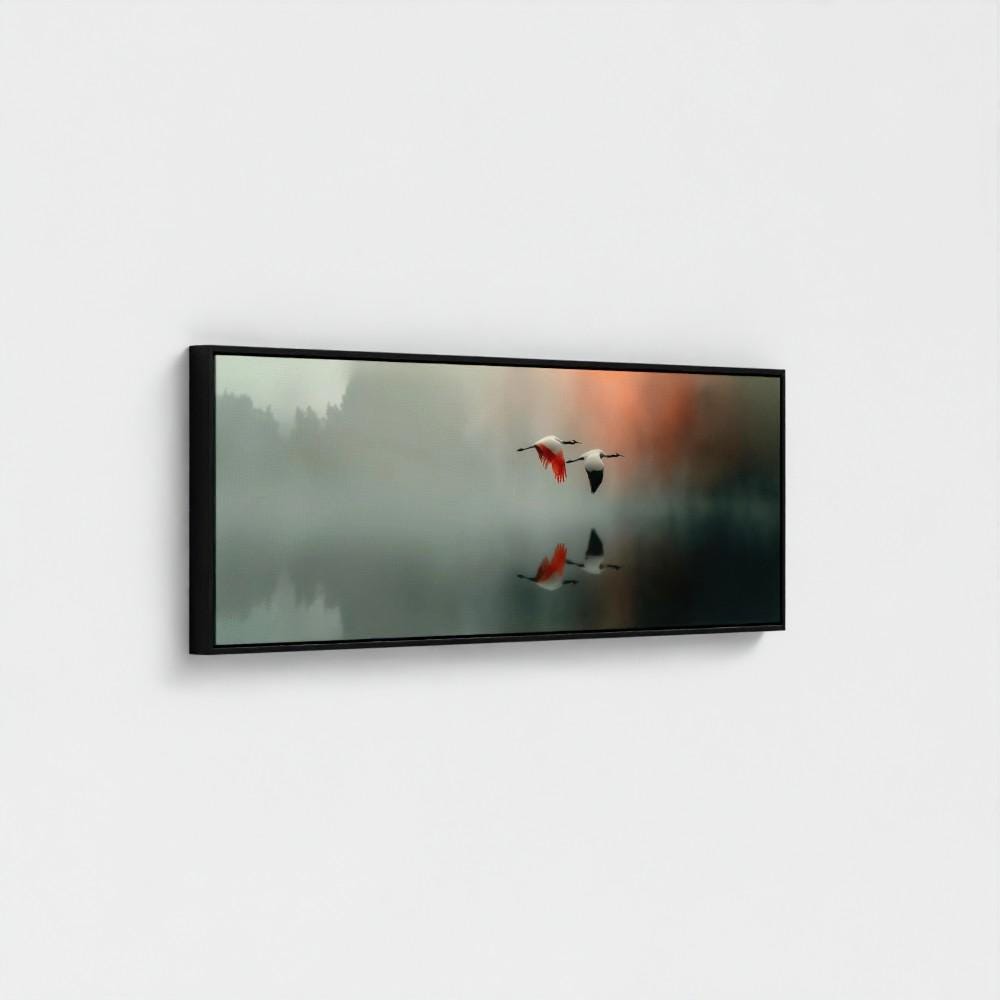 Long Canvas Peaceful Wall Art, Wide Misty Lake Scene with Flying Cranes, Soft Nature Reflection, Bedroom Retreat Decor - photo #13