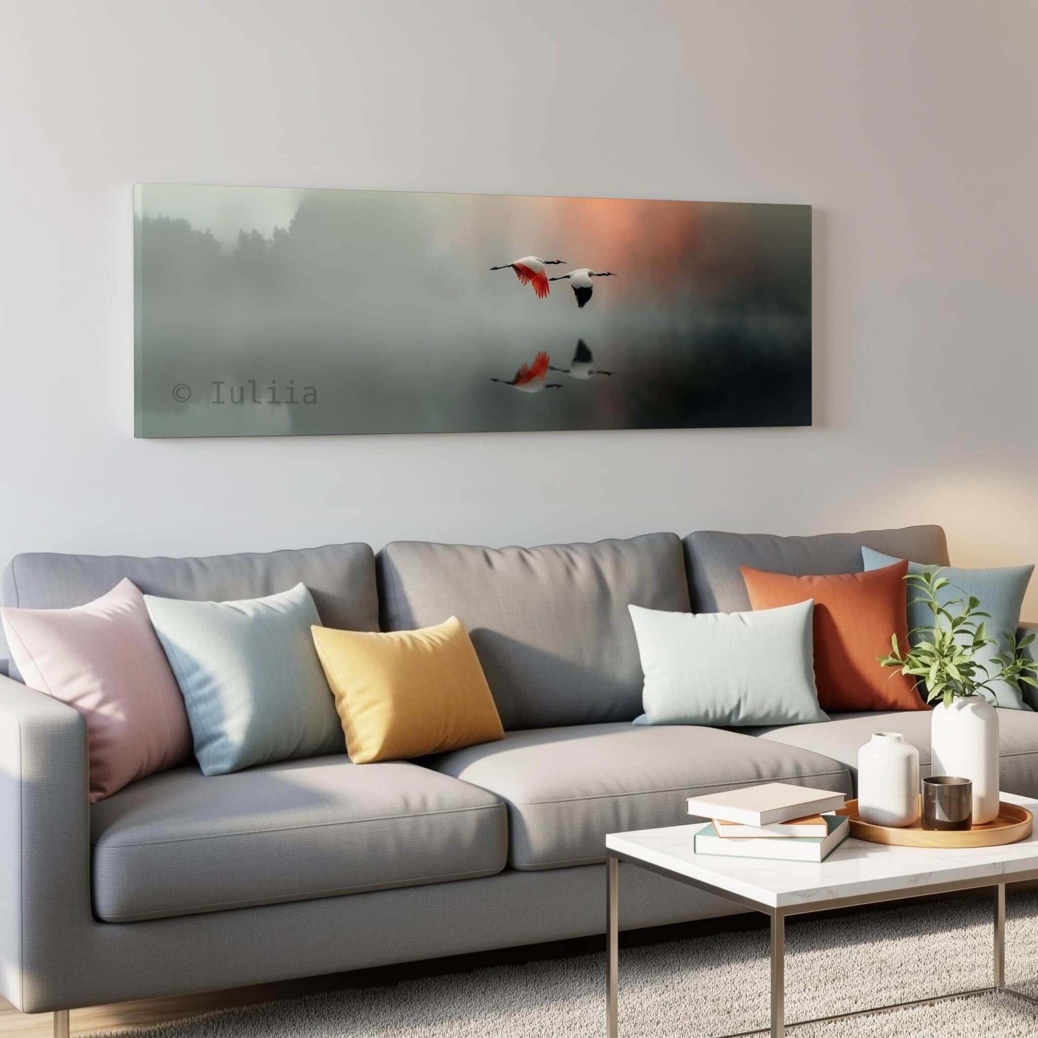 Long Canvas Peaceful Wall Art, Wide Misty Lake Scene with Flying Cranes, Soft Nature Reflection, Bedroom Retreat Decor - photo #4
