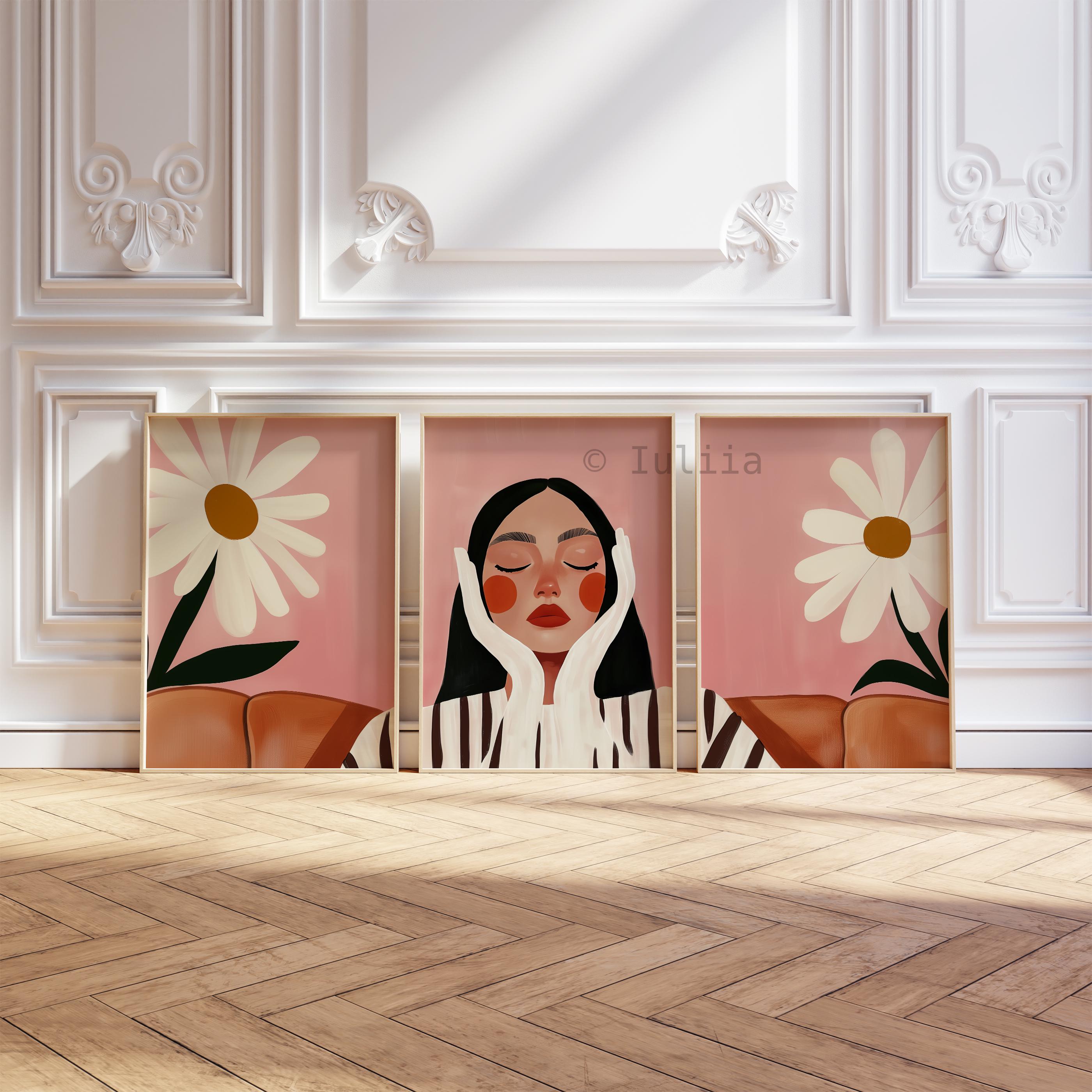 Daisy Wall Art, Feminine Portrait Triptych, Pink Floral Gallery Collection, Modern Bedroom Decor, Botanical Statement Prints - photo #4