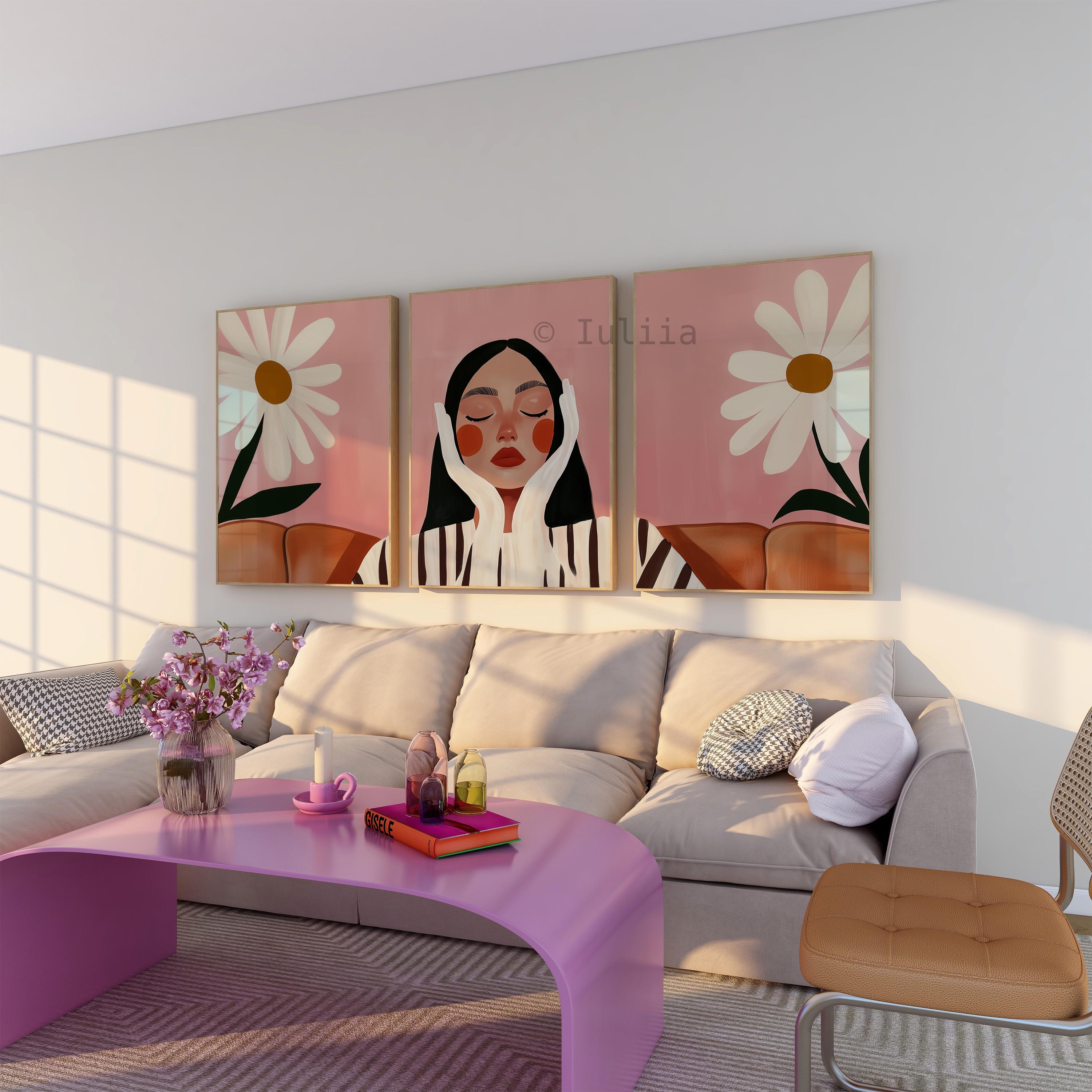 Daisy Wall Art, Feminine Portrait Triptych, Pink Floral Gallery Collection, Modern Bedroom Decor, Botanical Statement Prints - photo #3