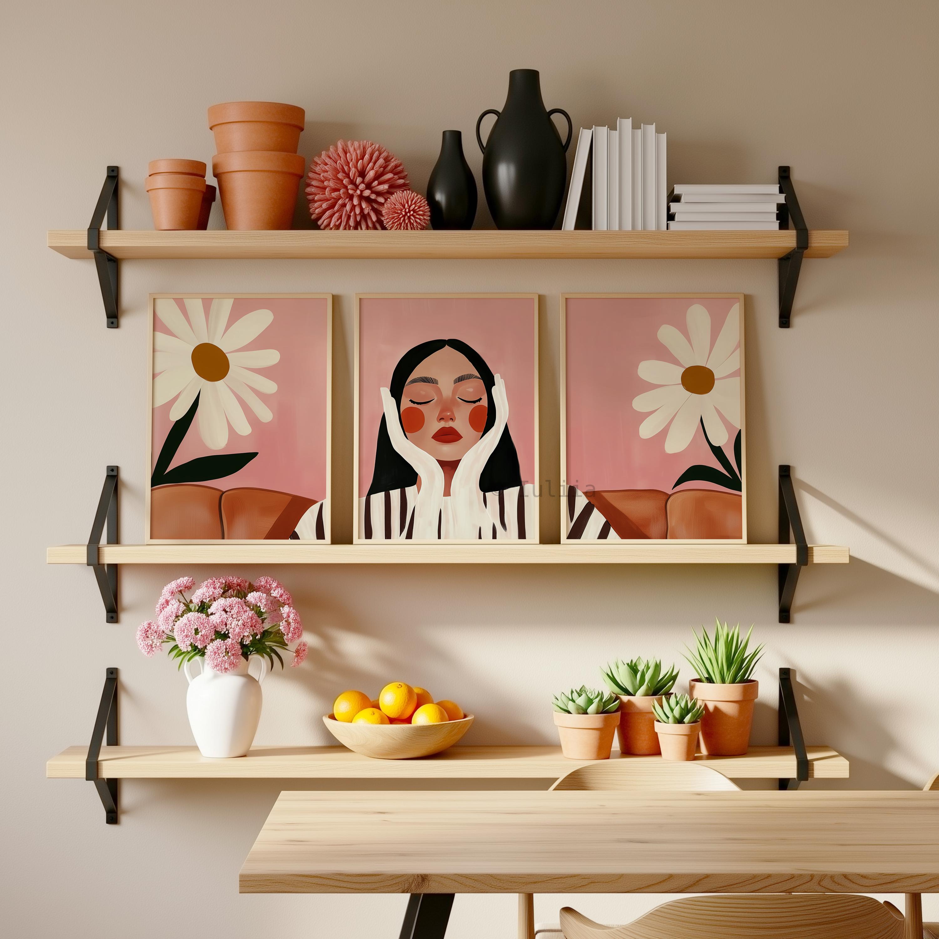 Daisy Wall Art, Feminine Portrait Triptych, Pink Floral Gallery Collection, Modern Bedroom Decor, Botanical Statement Prints - photo #9