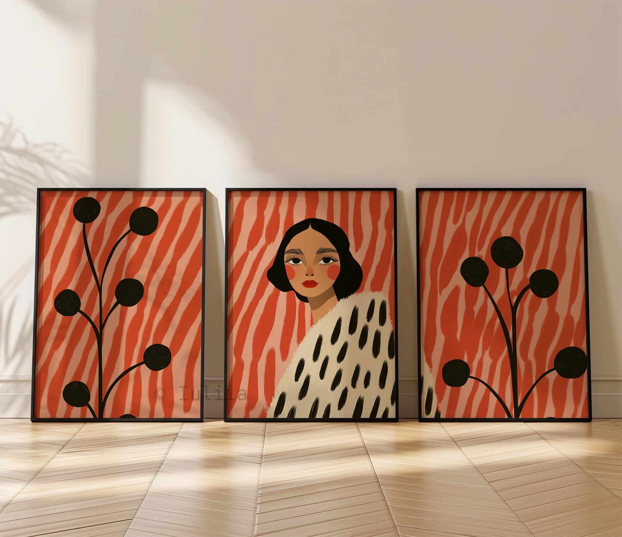 Framed Statement Woman Art Abstract Portrait Three Prints, Coral Botanical Illustration Artwork, Modern Gallery Wall Decor for Living Room - photo #11