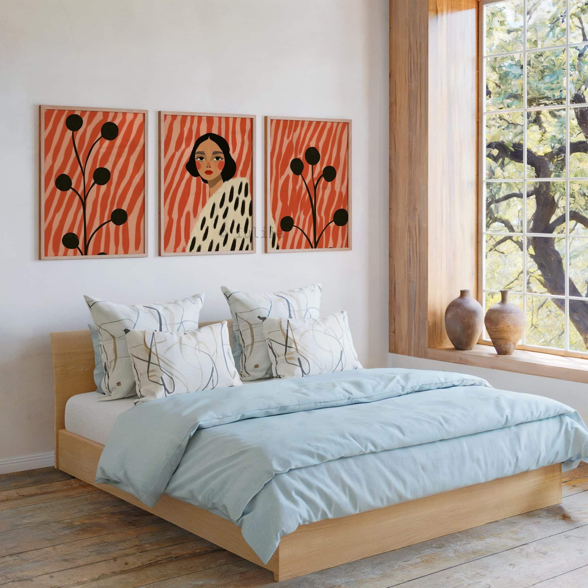 Framed Statement Woman Art Abstract Portrait Three Prints, Coral Botanical Illustration Artwork, Modern Gallery Wall Decor for Living Room - photo #2