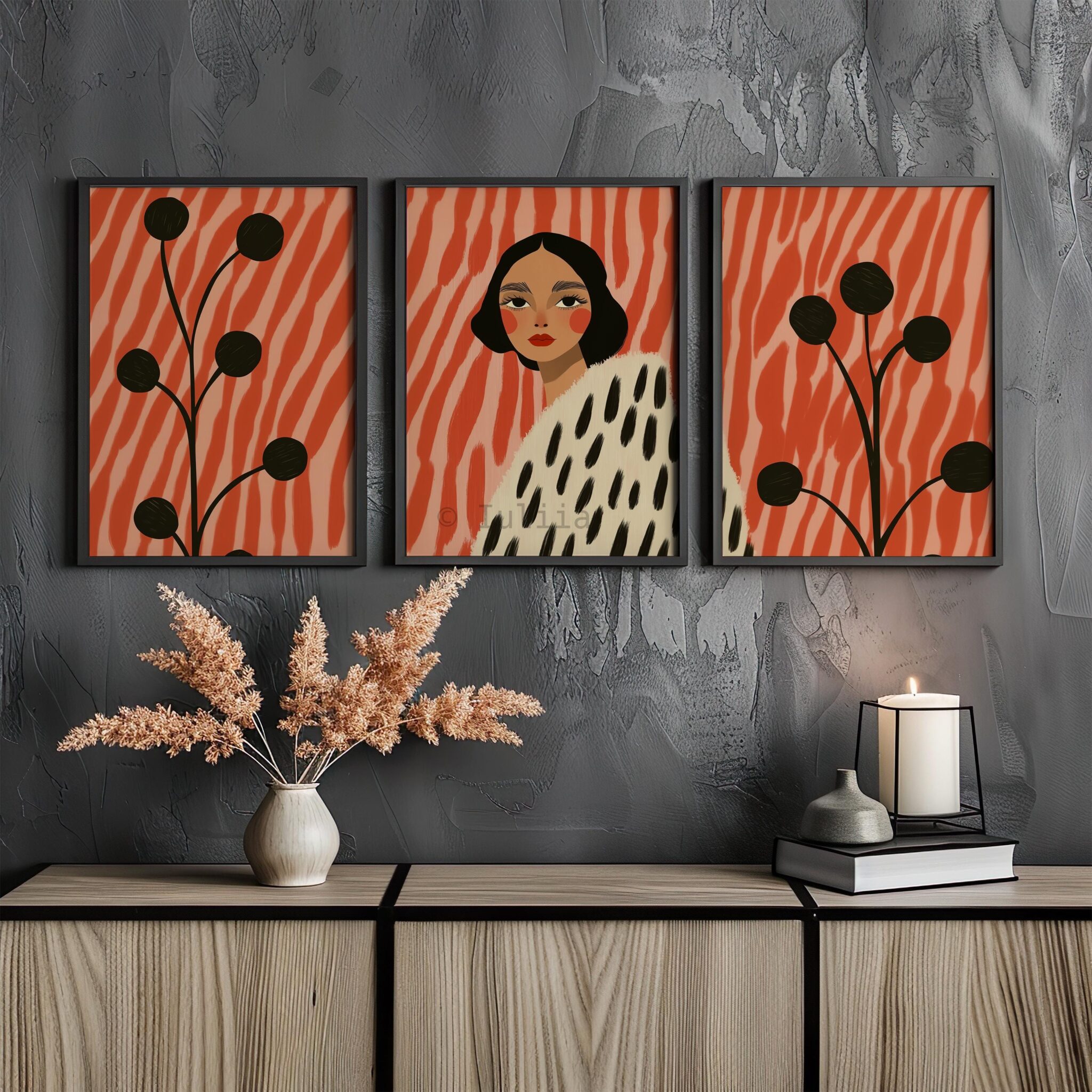 Framed Statement Woman Art Abstract Portrait Three Prints, Coral Botanical Illustration Artwork, Modern Gallery Wall Decor for Living Room - photo #15