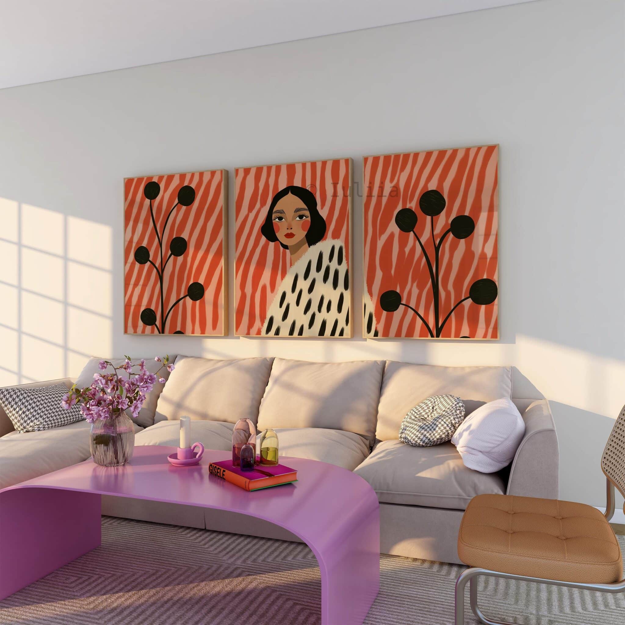 Framed Statement Woman Art Abstract Portrait Three Prints, Coral Botanical Illustration Artwork, Modern Gallery Wall Decor for Living Room - photo #3