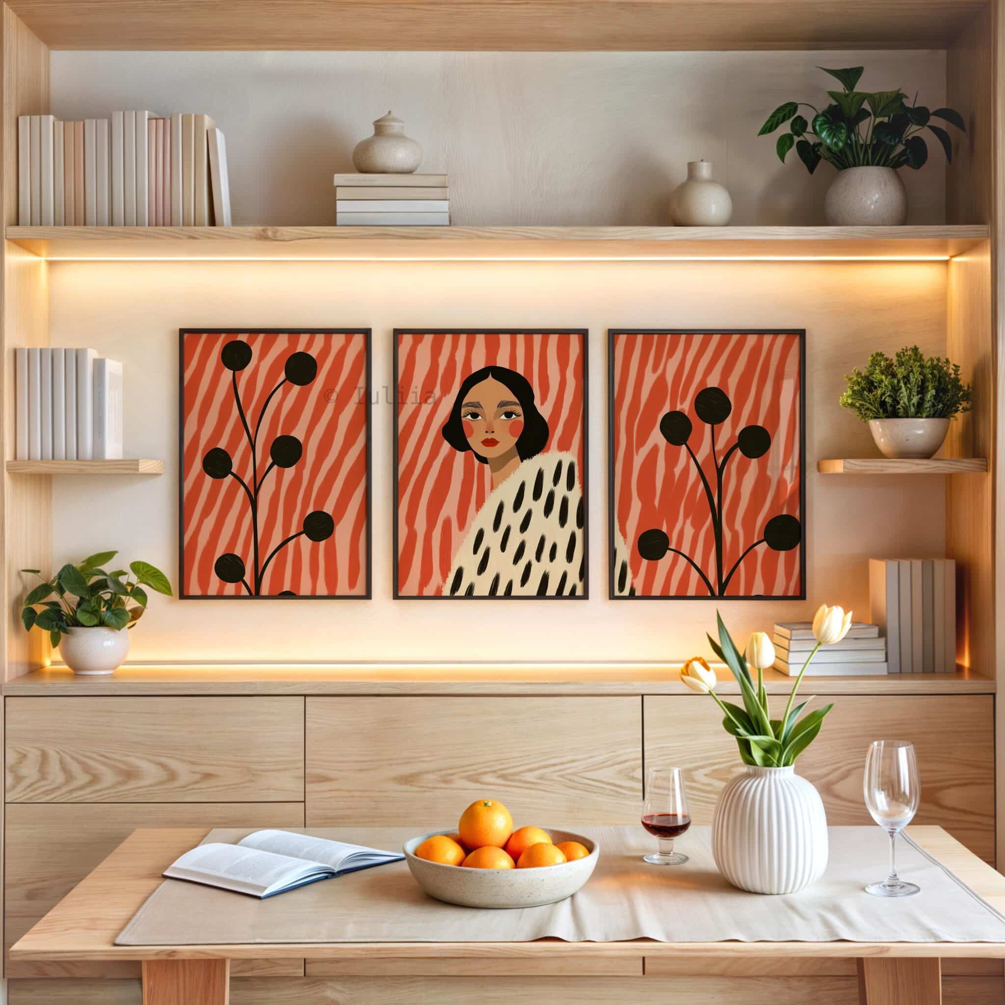 Framed Statement Woman Art Abstract Portrait Three Prints, Coral Botanical Illustration Artwork, Modern Gallery Wall Decor for Living Room - photo #8