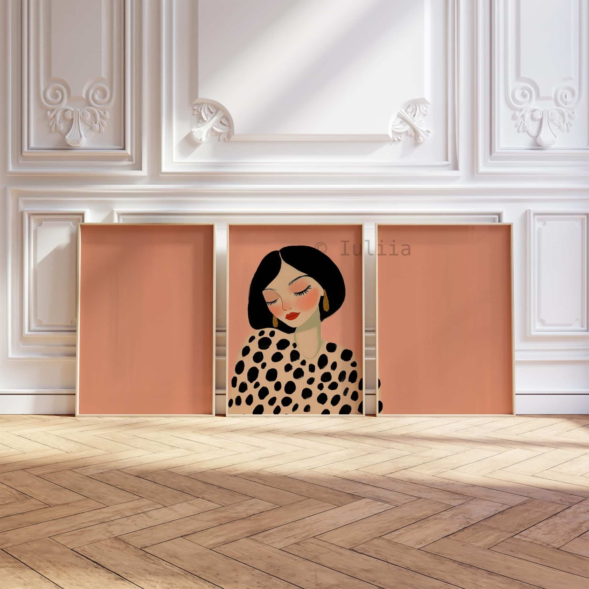 Framed Editorial Portrait, Fashion Illustration Triptych, Polka Dot Woman Art, Blush Pink Wall Decor, Chic Bedroom Gallery Print Set - photo #4