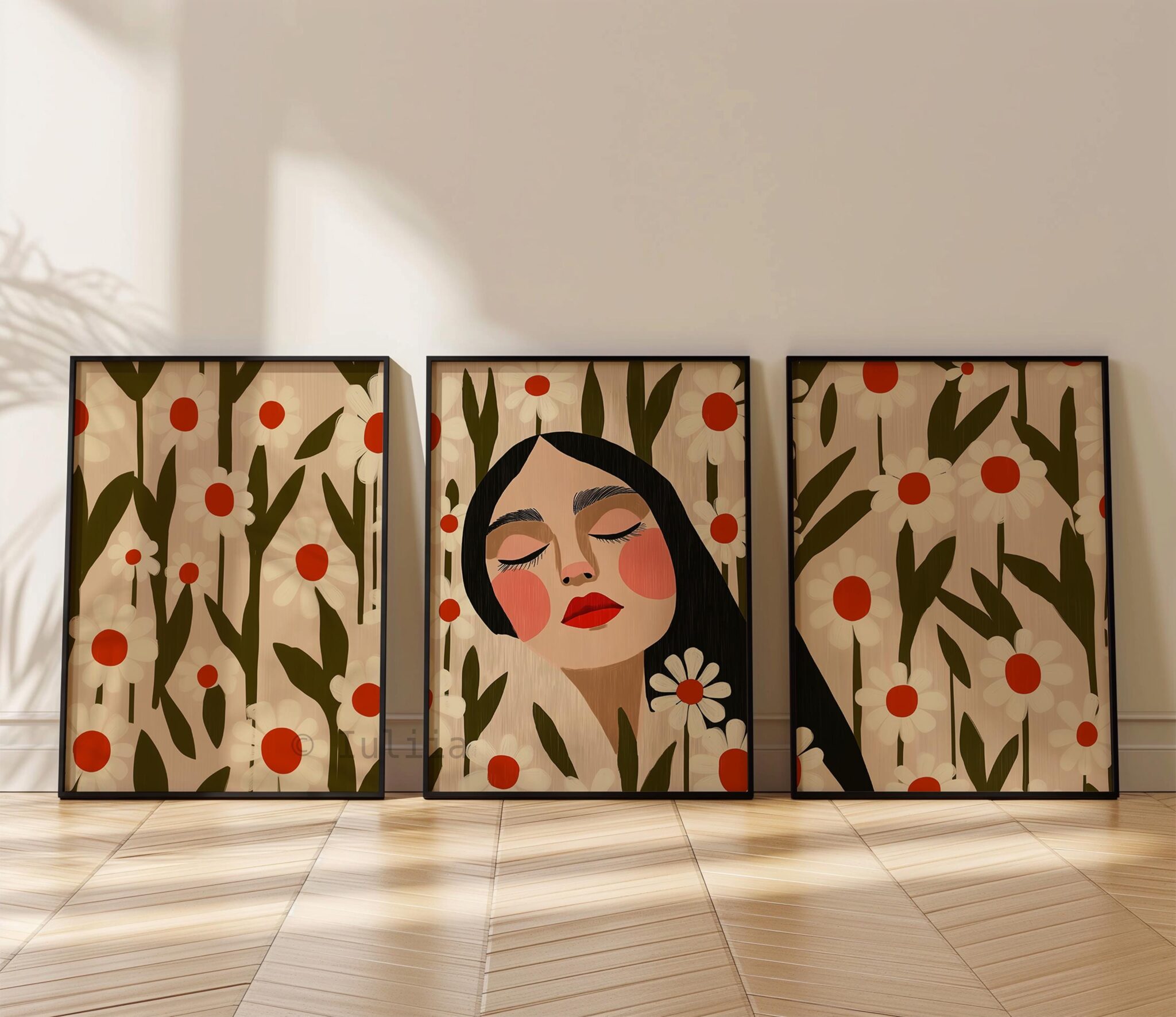 Daisy Portrait Trio Wall Prints, Floral Woman Artwork Set of 3, Botanical Folk Wall Decor, Cottagecore Gallery Posters, Feminine Bedroom Accent - photo #11