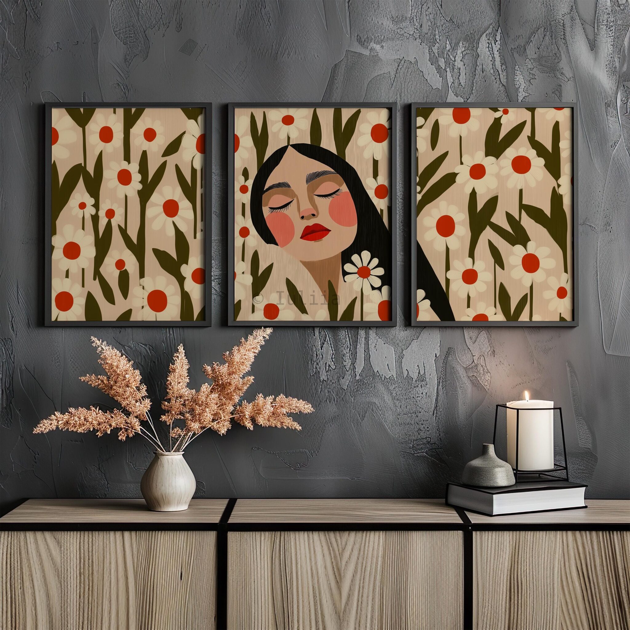 Daisy Portrait Trio Wall Prints, Floral Woman Artwork Set of 3, Botanical Folk Wall Decor, Cottagecore Gallery Posters, Feminine Bedroom Accent - photo #16