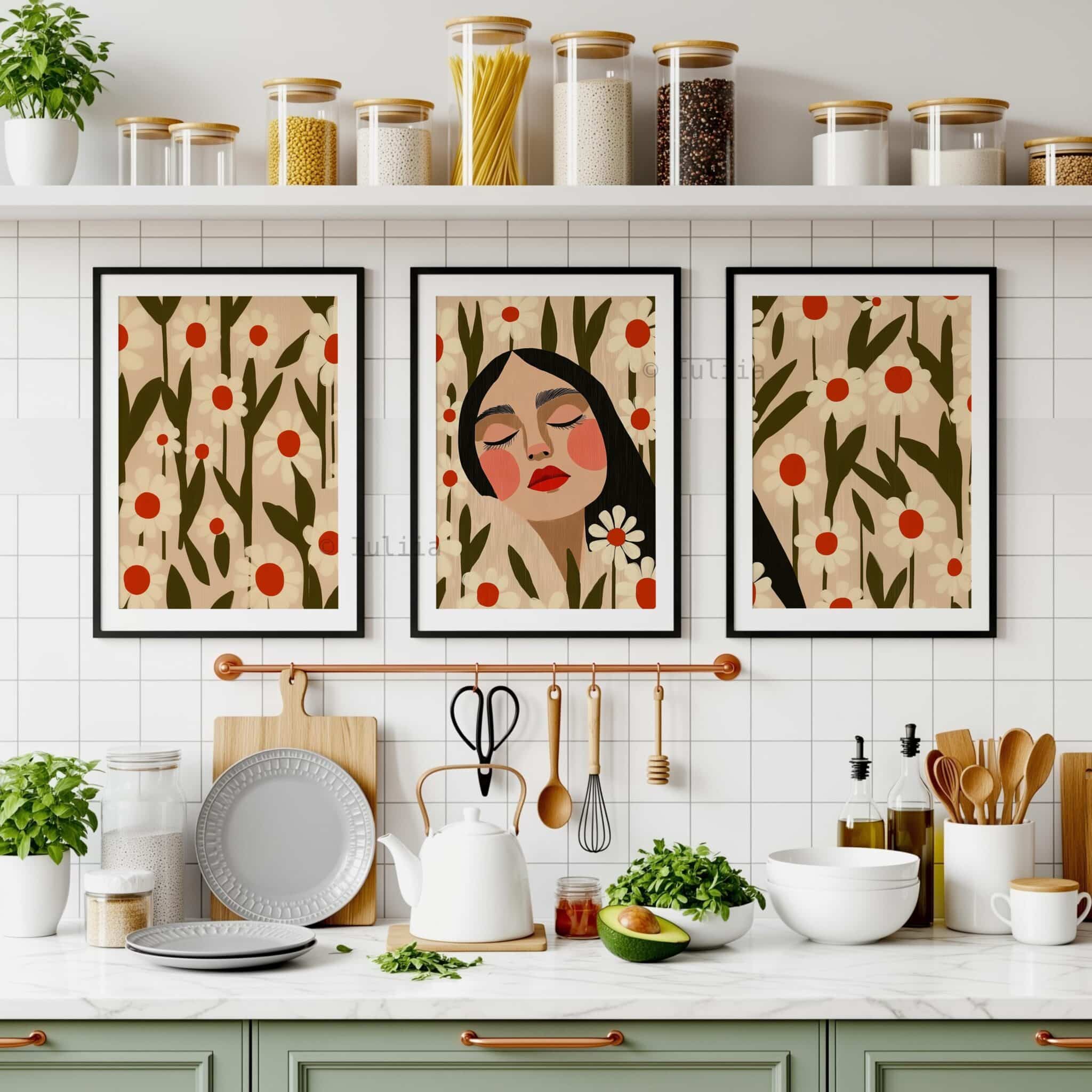Daisy Portrait Trio Wall Prints, Floral Woman Artwork Set of 3, Botanical Folk Wall Decor, Cottagecore Gallery Posters, Feminine Bedroom Accent - photo #15