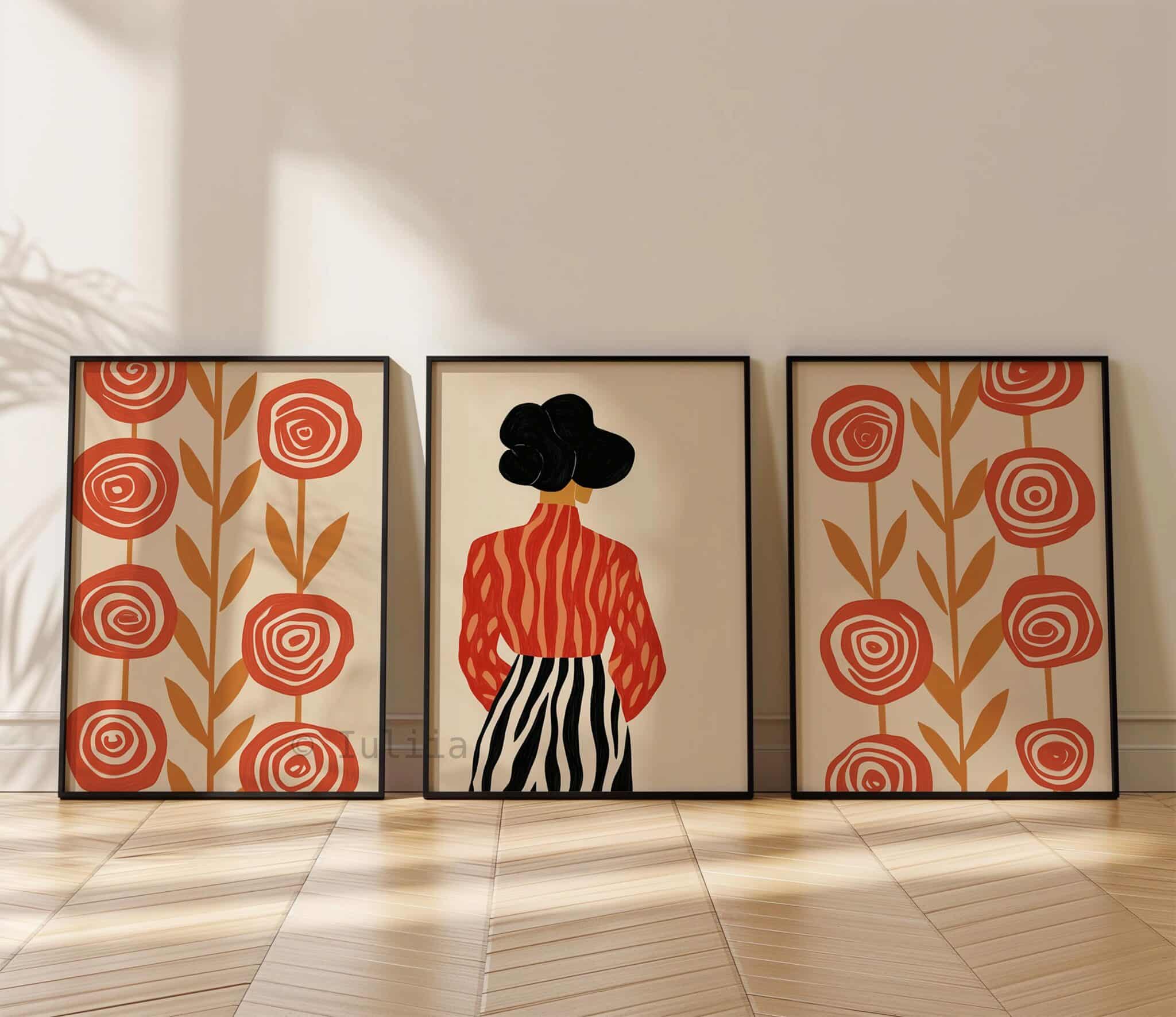 Retro Folk Art Set of 3 Wall Prints, Floral Woman Illustration Trio, Vintage Inspired Wall Decor, Mid Century Style Gallery Three Posters - photo #10