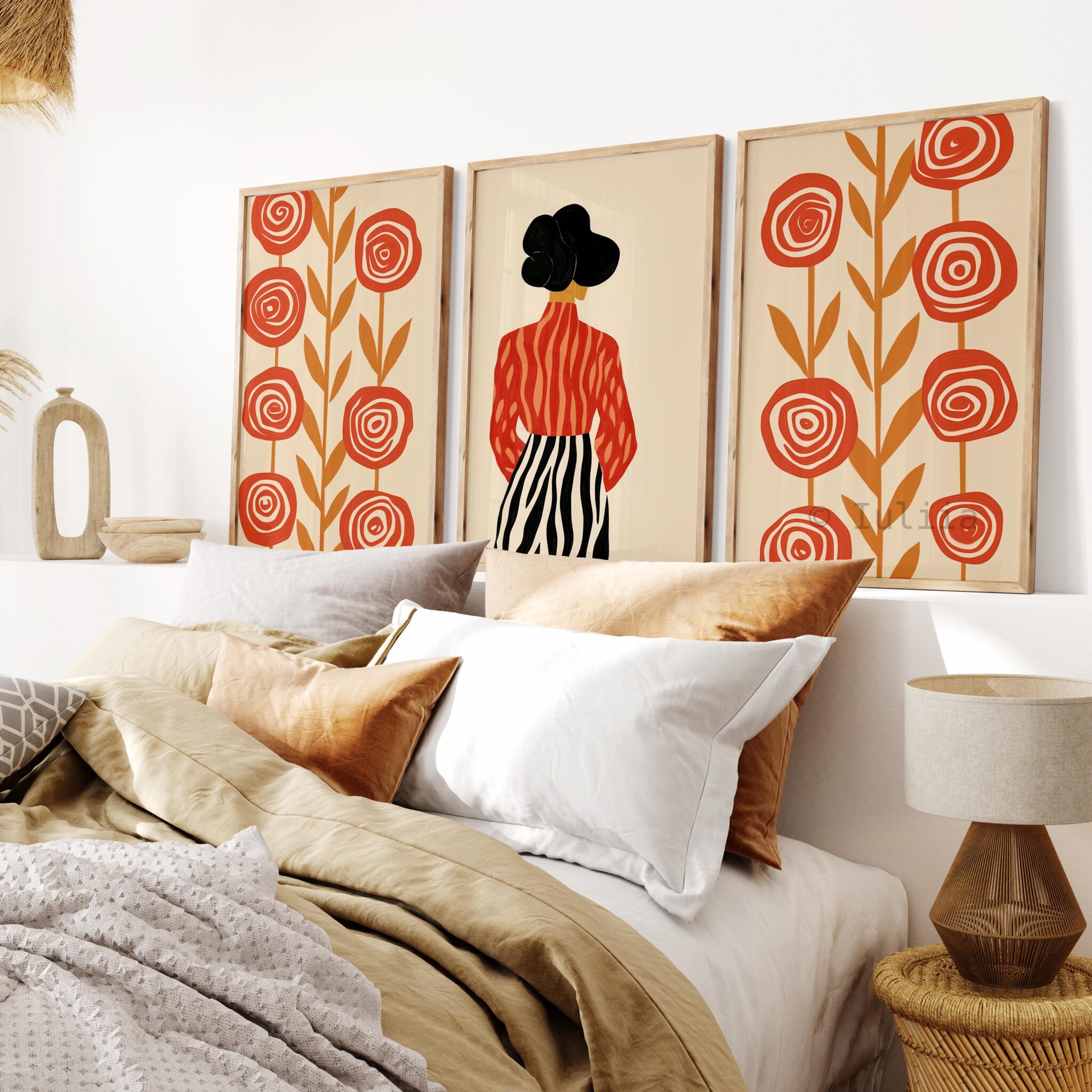 Retro Folk Art Set of 3 Wall Prints, Floral Woman Illustration Trio, Vintage Inspired Wall Decor, Mid Century Style Gallery Three Posters - photo #2