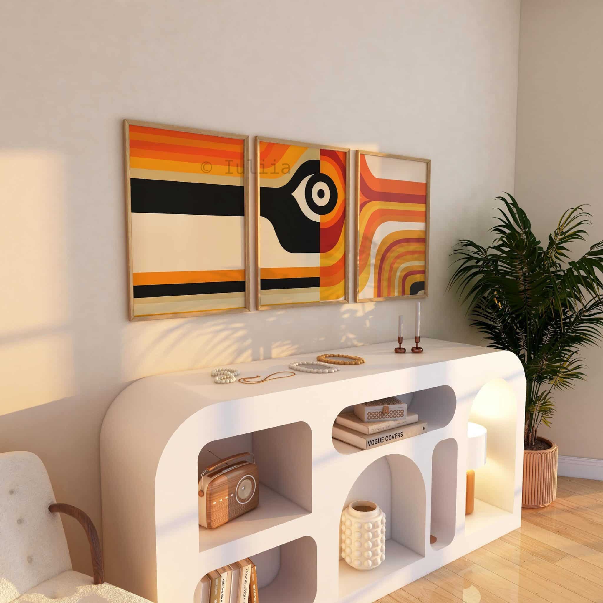 Curated Art Triptych, Modern Gallery Prints, Abstract Eye Motif, Designer Apartment Wall Decor - photo #12