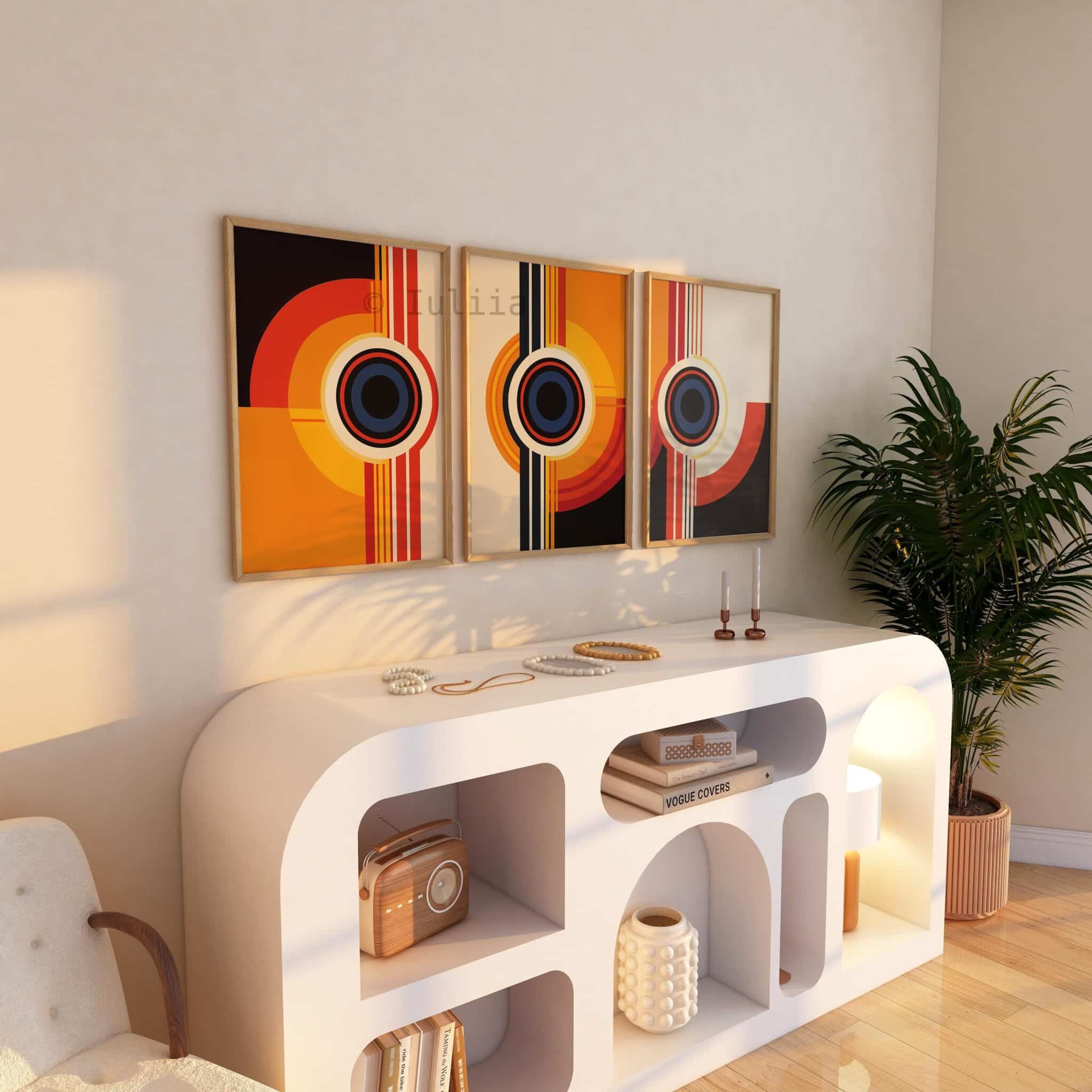 Triptych Prints Orbital Geometry Prints, Retro Circle Wall Art, Bauhaus Inspired Design, Mid Century Modern Decor, Living Room Set - photo #11