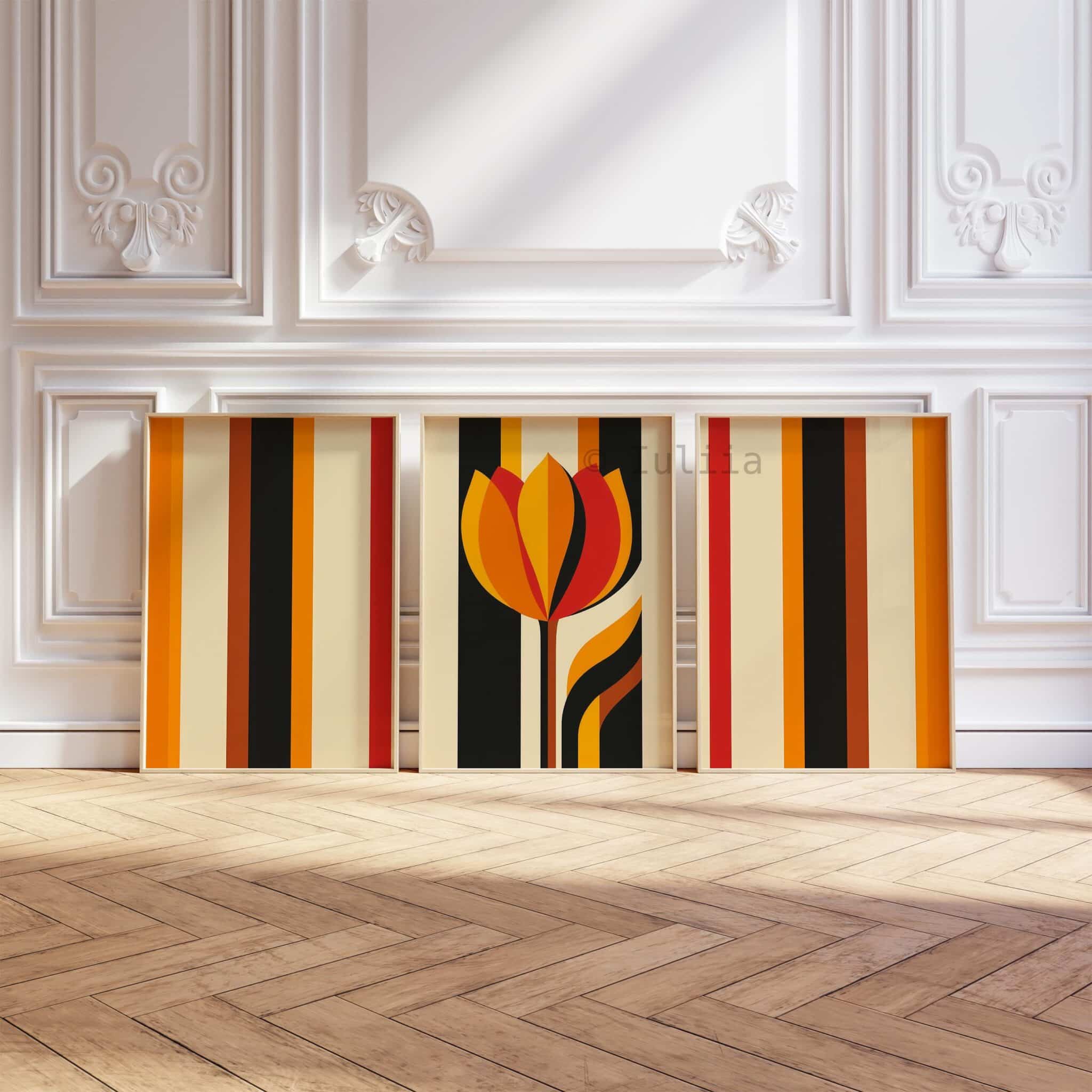 Triptych Prints Interior Stylist Wall Art, Modern Tulip Artwork, Retro Stripe Composition, Curated Bedroom Decor - photo #4