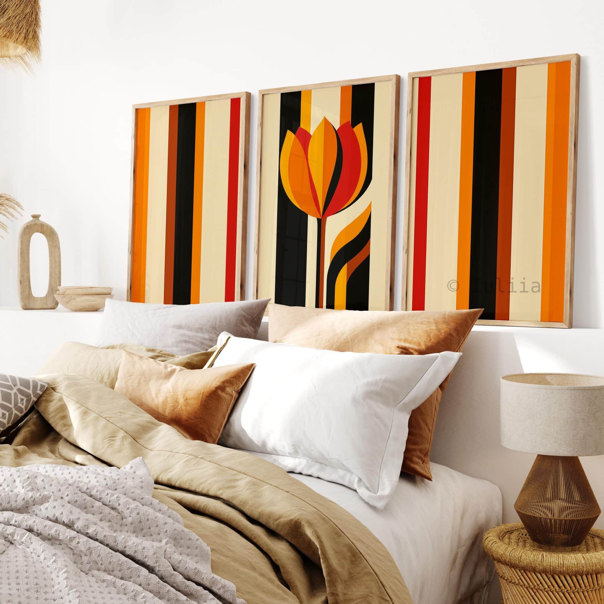 Triptych Prints Interior Stylist Wall Art, Modern Tulip Artwork, Retro Stripe Composition, Curated Bedroom Decor - photo #3