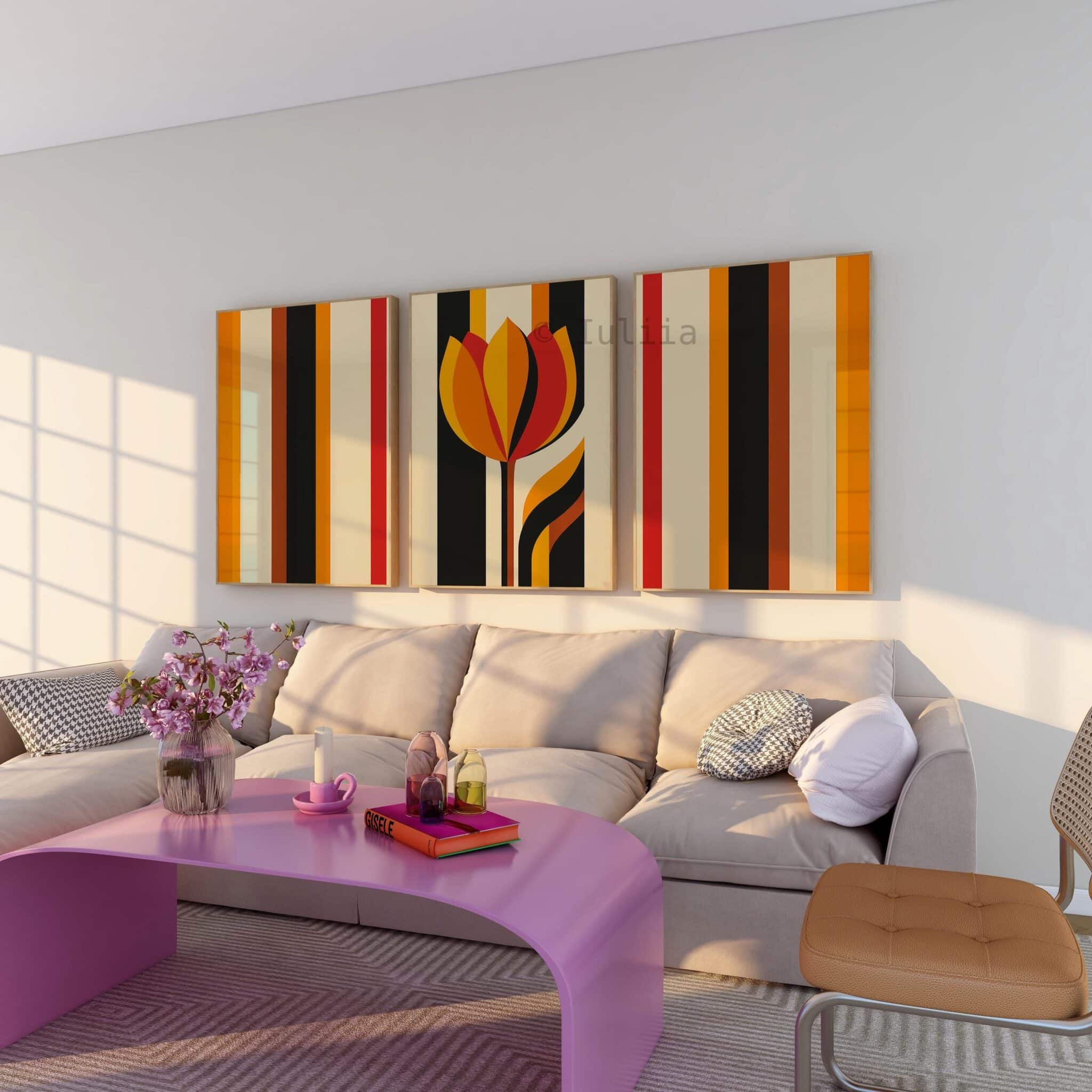 Triptych Prints Interior Stylist Wall Art, Modern Tulip Artwork, Retro Stripe Composition, Curated Bedroom Decor - photo #9